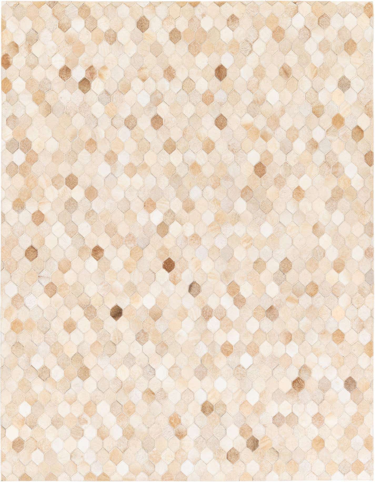 A 5x7 rectangular modern cowhide rug with a mosaic pattern of varying brown, tan, and ivory hexagonal patches.