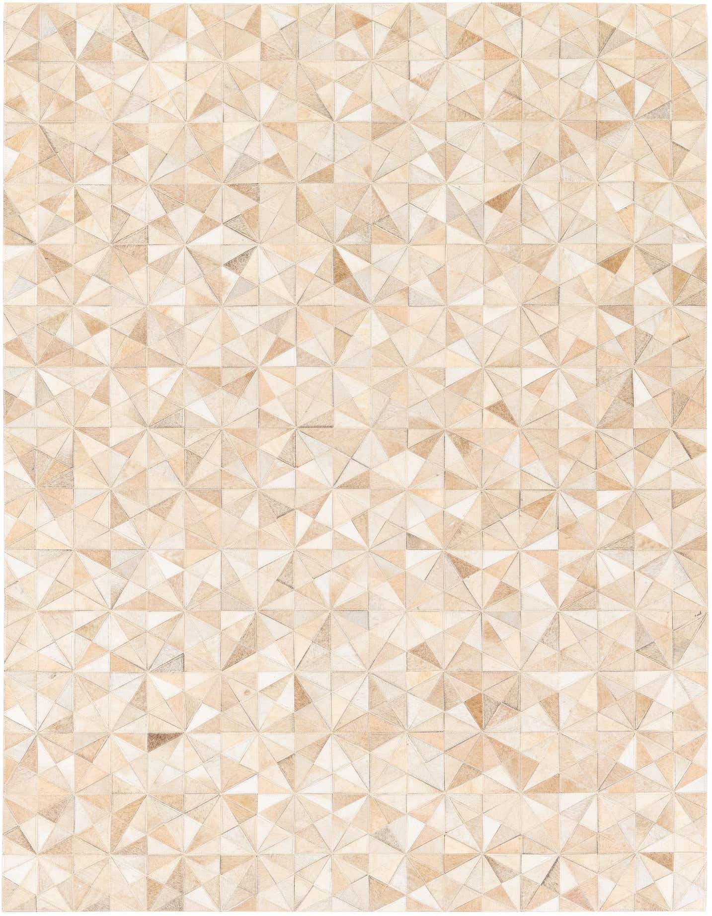 A 5x7 rectangular Cowhide Stocks rug featuring a modern geometric pattern in various shades of brown, tan, and cream.