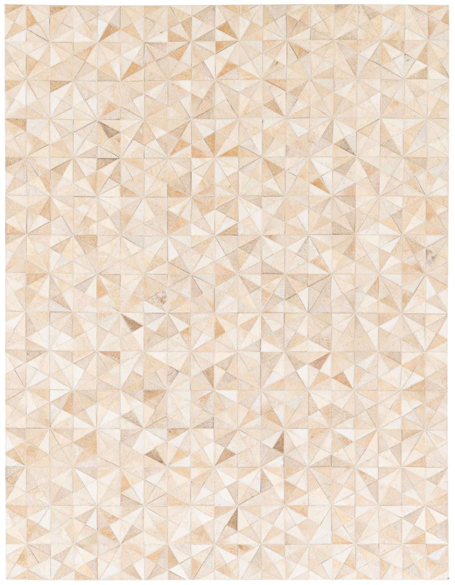 A 5x7 rectangular Cowhide Stocks rug featuring a modern geometric pattern in varying shades of brown, tan, and cream.