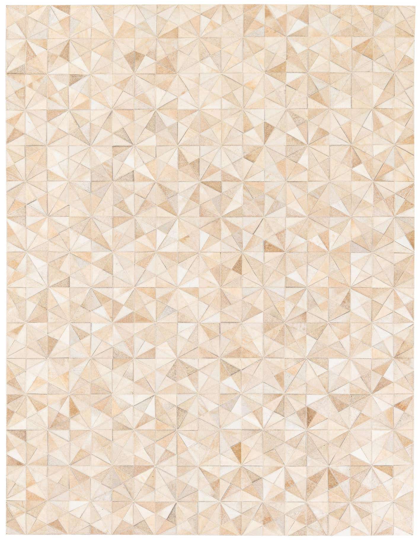 A 5x7 rectangular Cowhide Stocks rug featuring a geometric patchwork pattern in varying shades of brown, tan, and cream.