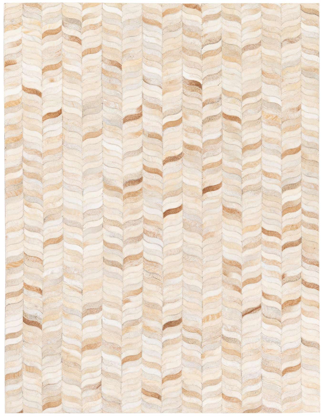 A 4x6 rectangular Cowhide Stocks rug featuring a modern chevron pattern in varying shades of brown, tan, and cream.