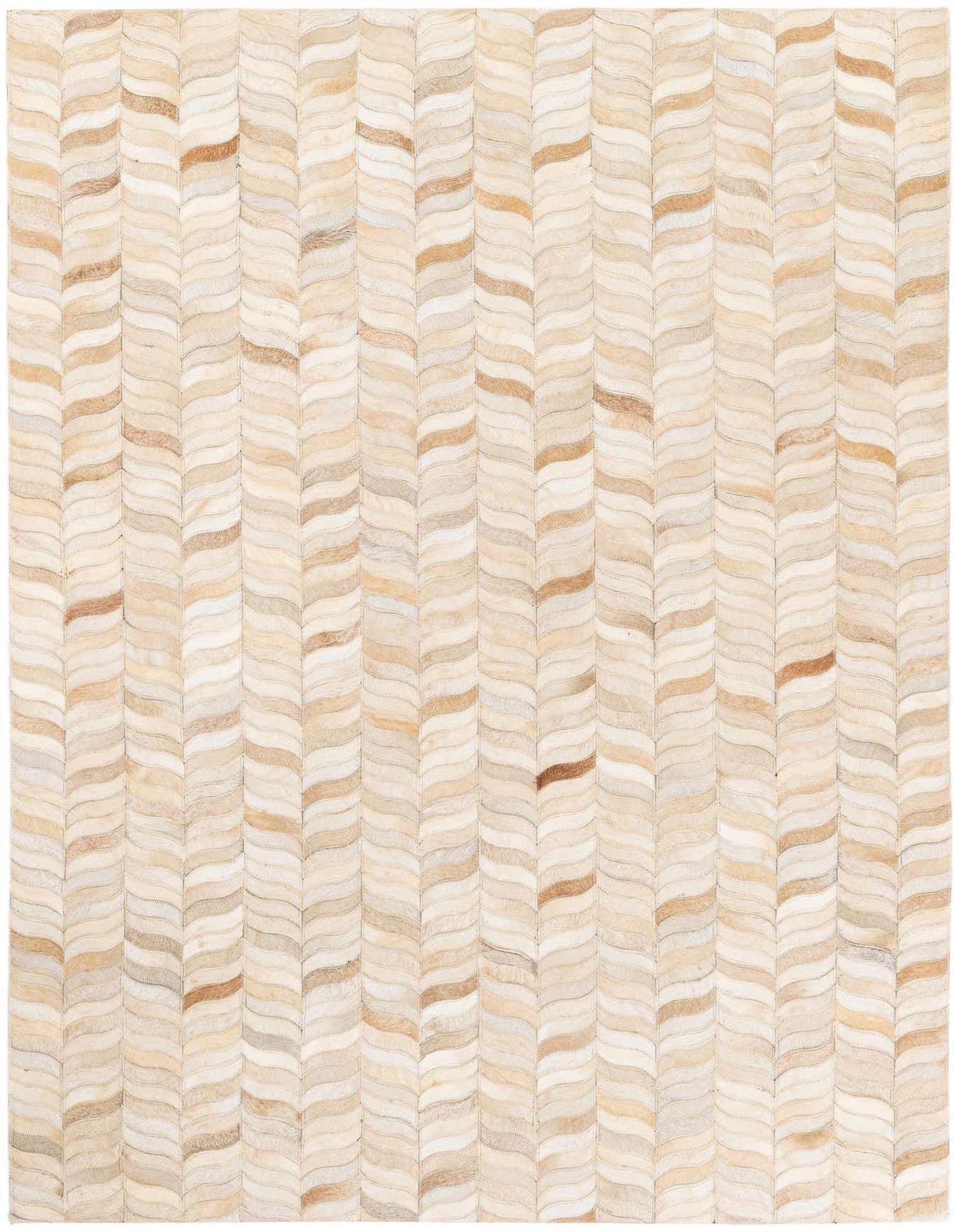 A 4x6 rectangular Cowhide Stocks rug featuring a modern chevron pattern in varying shades of brown, tan, and cream.