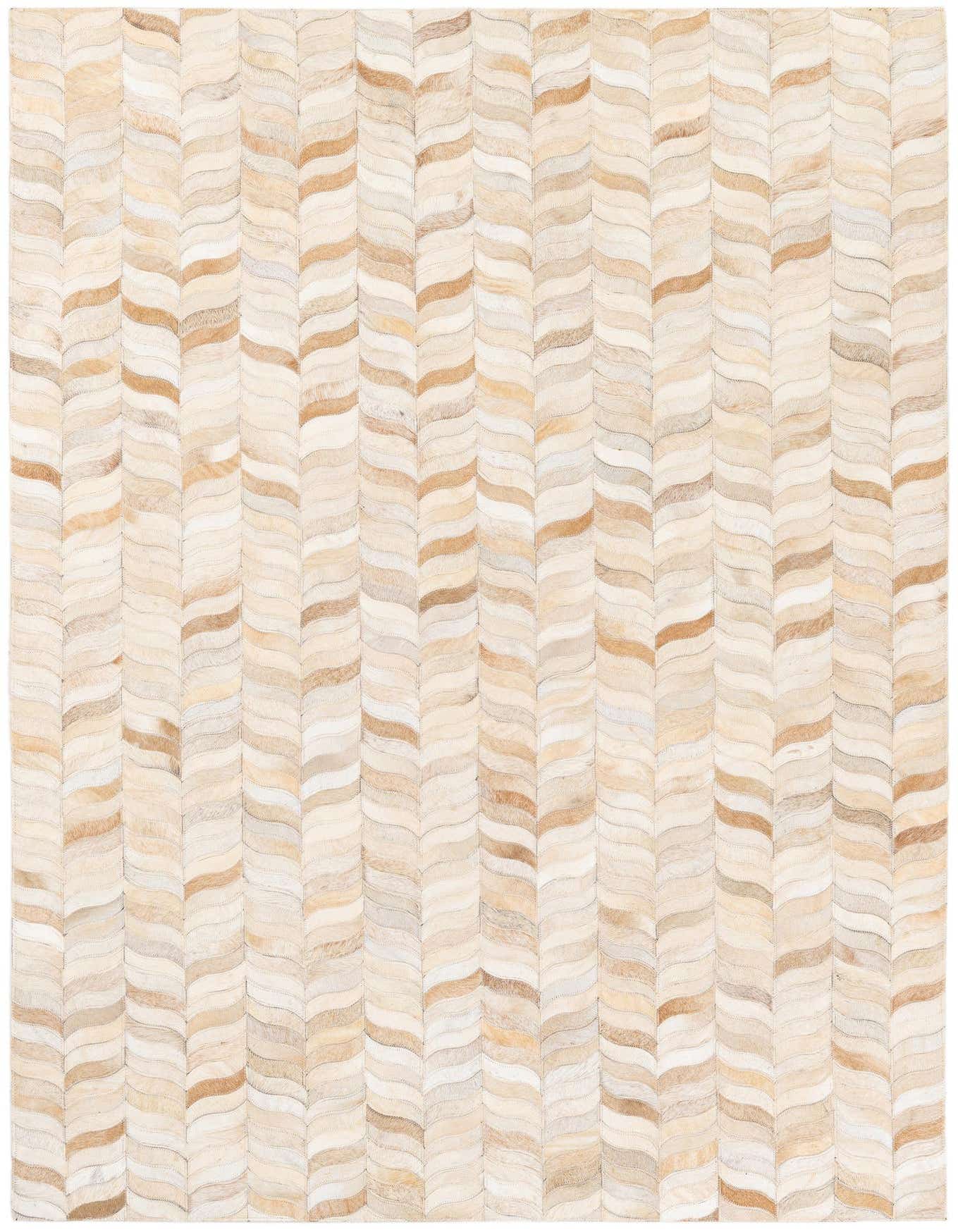A 4x6 rectangular Cowhide Stocks rug featuring a modern chevron pattern in varying shades of brown, tan, and ivory.