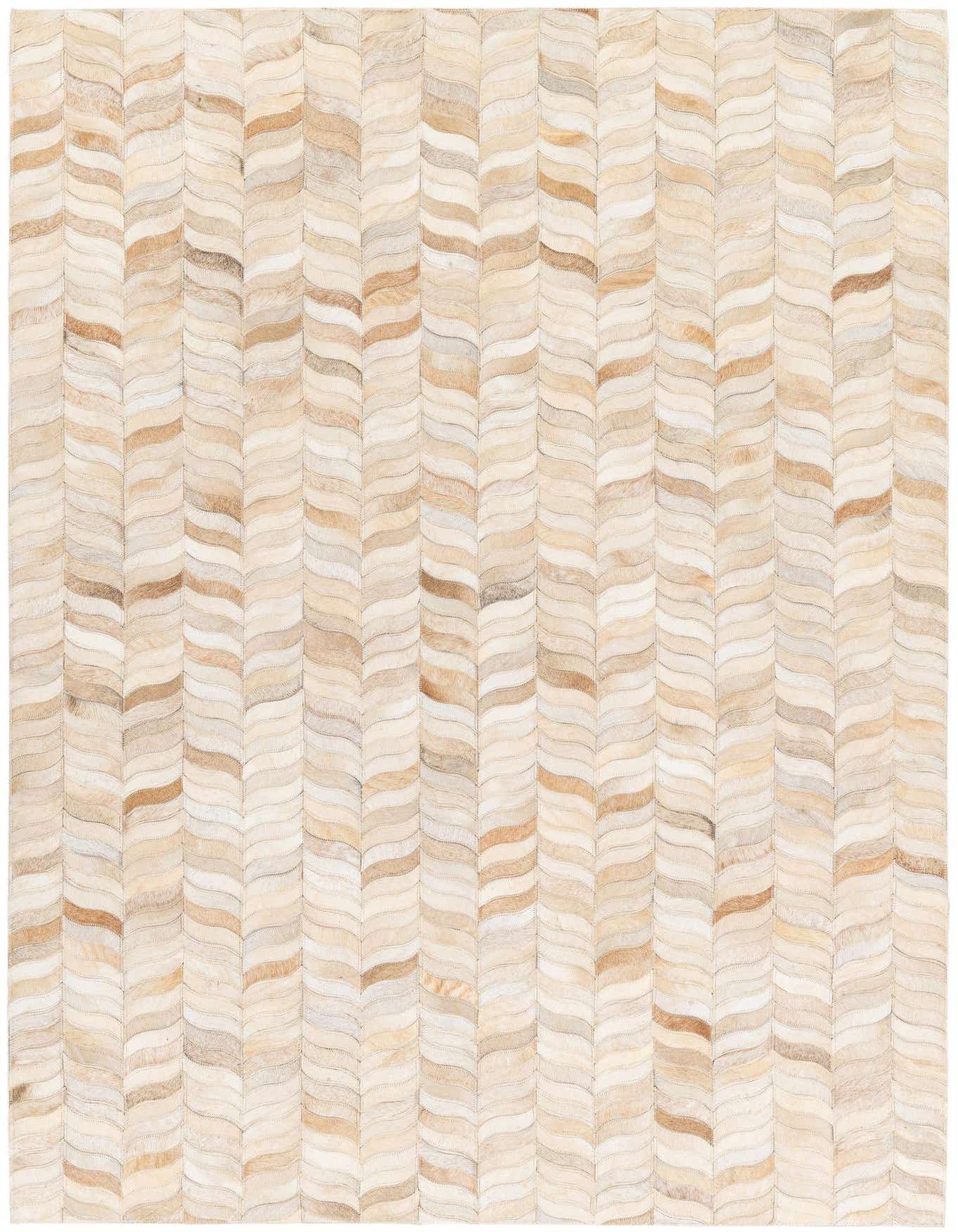 A 4x6 rectangular cowhide rug featuring a modern chevron pattern in varying shades of brown, tan, and cream.