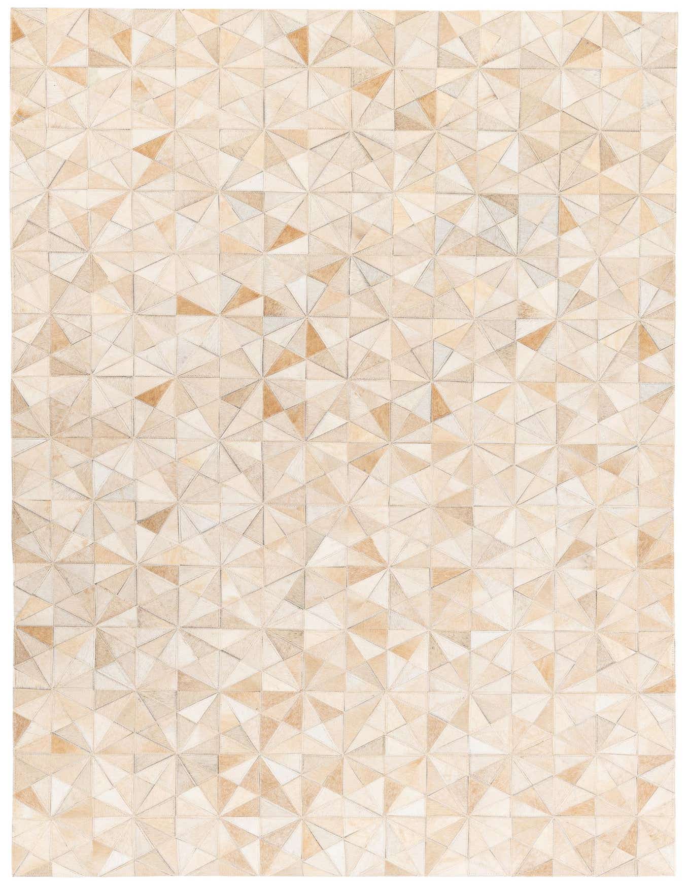 A 4x6 rectangular Cowhide Stocks rug featuring a modern geometric pattern of stitched brown, tan, and ivory cowhide triangles.