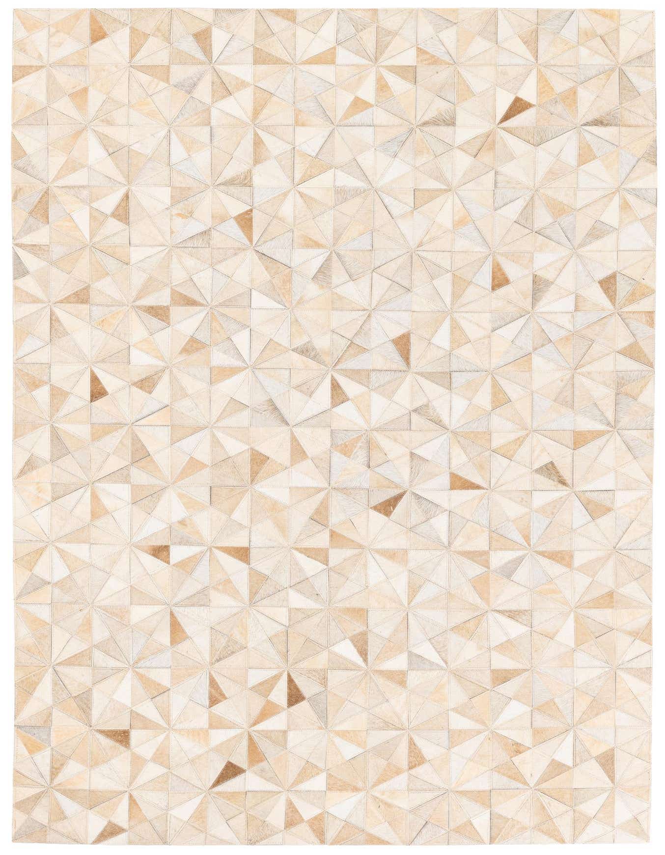 A 4x6 rectangular Cowhide Stocks rug featuring a modern geometric pattern of stitched brown, tan, and ivory cowhide triangles.