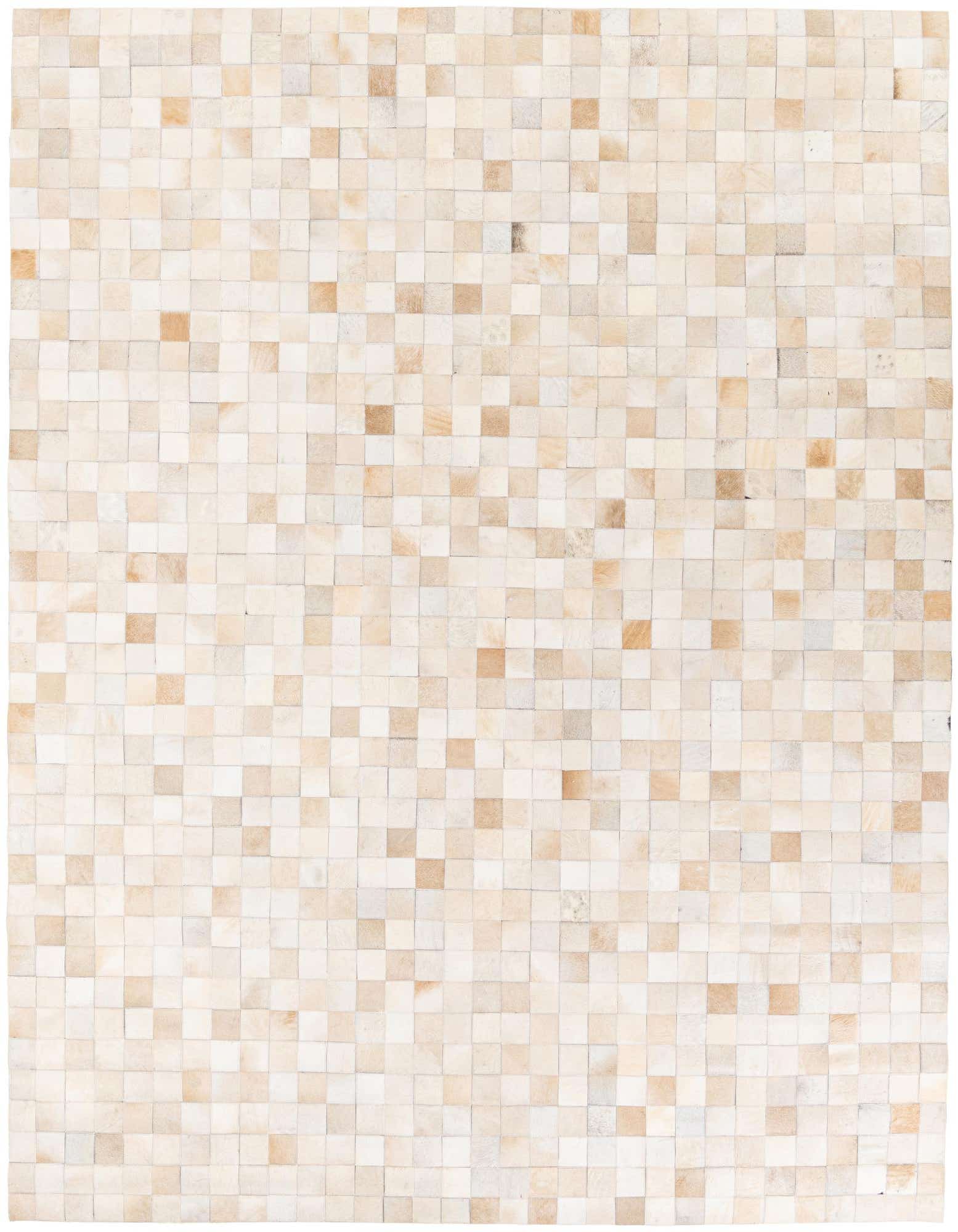 8x10 rectangular Cowhide Stocks rug from Rugs.com, featuring a modern patchwork of brown, tan, and ivory squares.