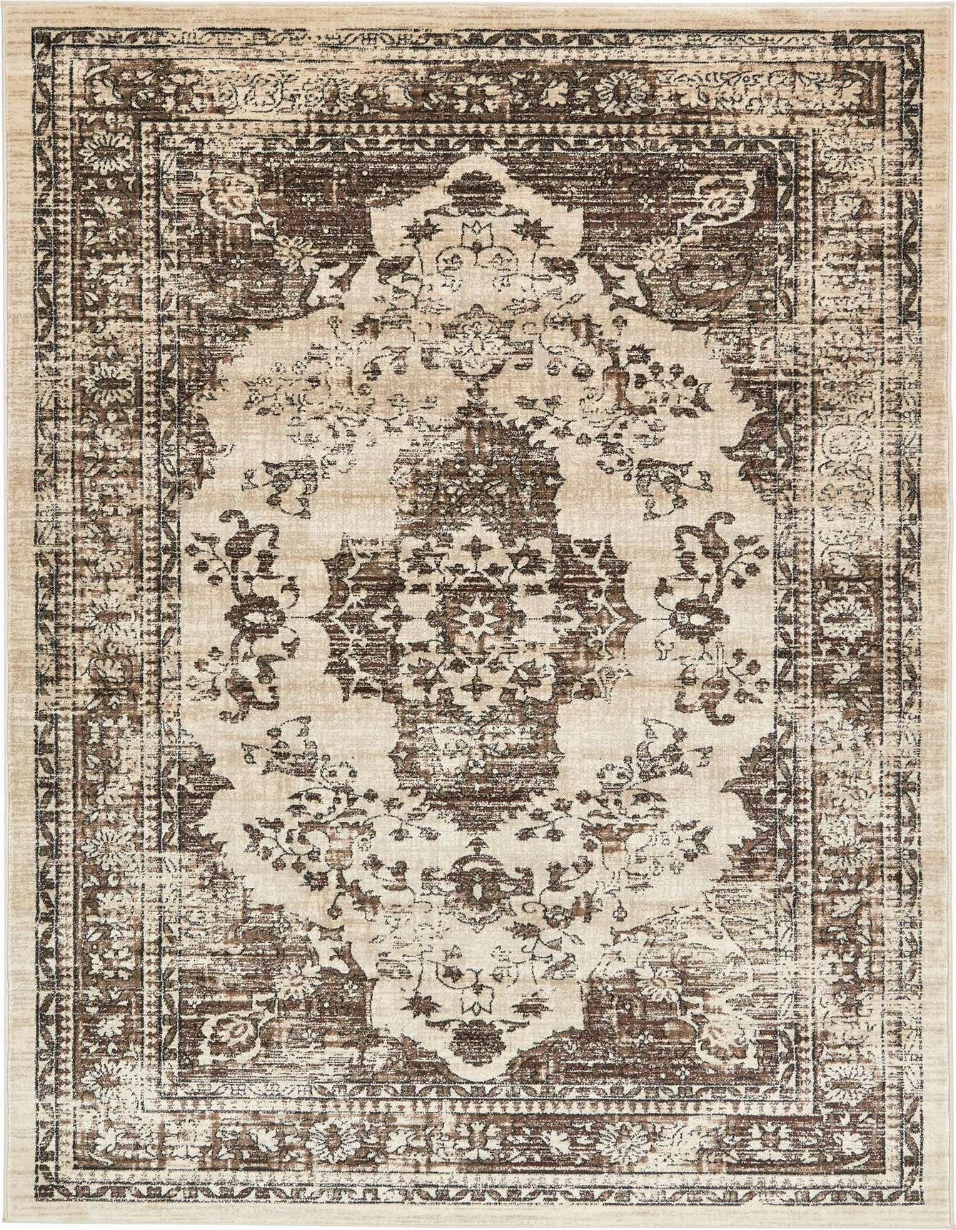 A 6x9 rectangular Dahlia rug featuring a distressed traditional medallion and botanical pattern in shades of brown and cream.