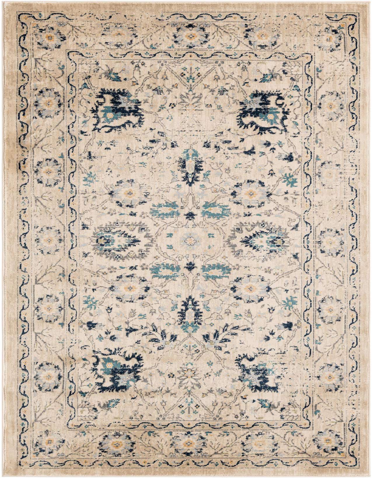 A 5x8 rectangular Dahlia Collection rug featuring a distressed traditional medallion pattern in cream, tan, and shades of blue.