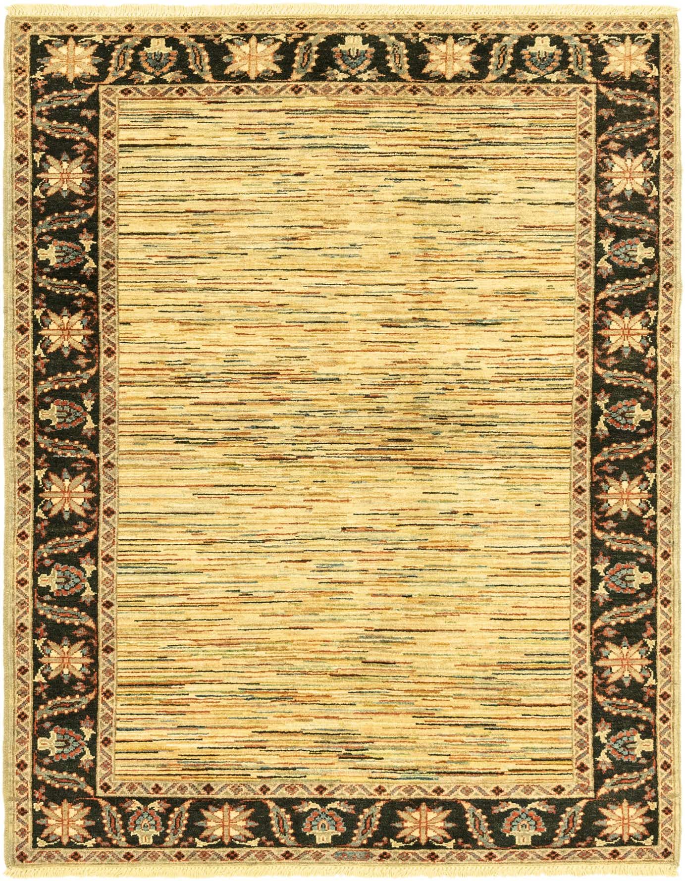 A 4x6 rectangular Darya rug with a tan and brown striped field, framed by a dark brown border with traditional floral and geometric patterns.