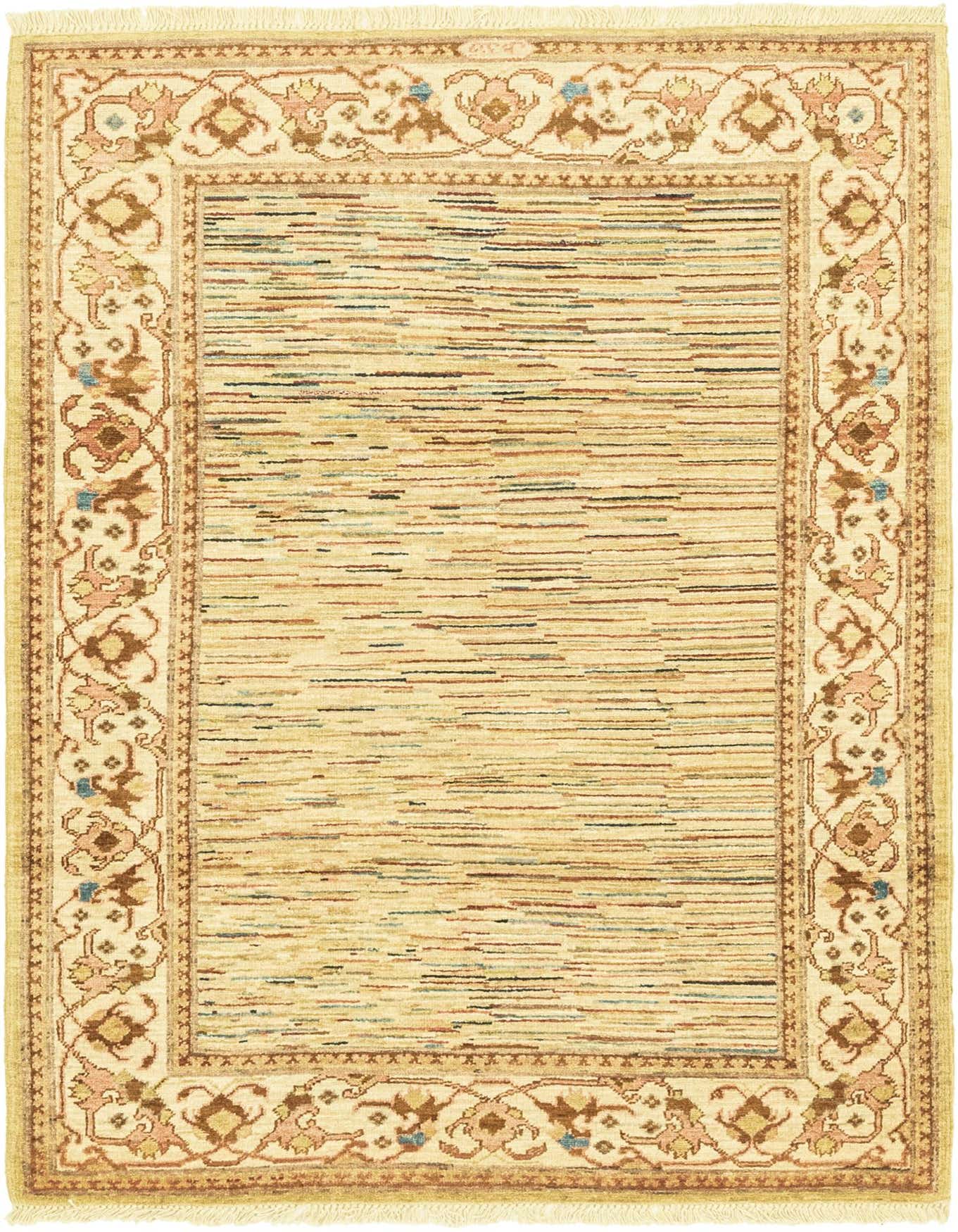 A 4x6 rectangular Darya rug with a modern striped brown and tan center and an ornate ivory and brown oriental border.