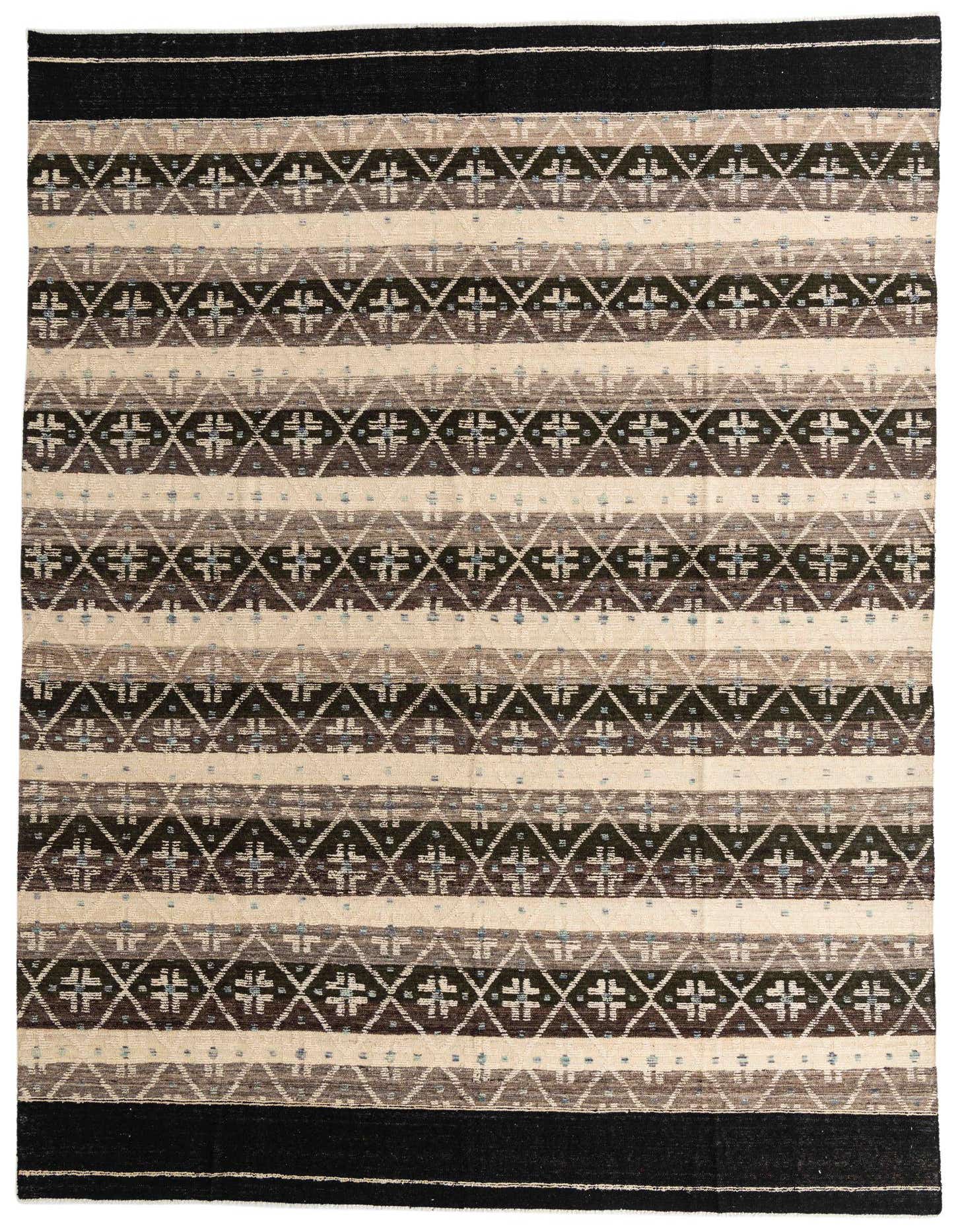 A 10x14 rectangular Darya rug featuring a modern abstract pattern in shades of brown, tan, and cream with black borders.