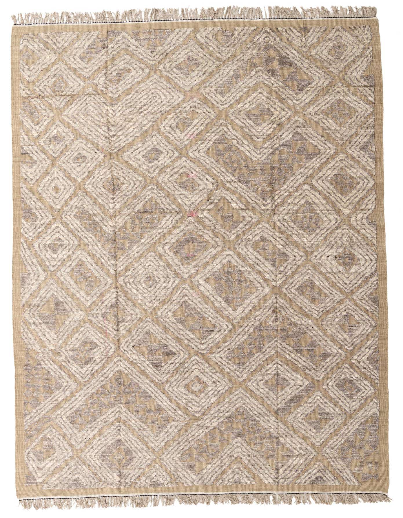 A 9x12 rectangular Darya rug with a modern abstract diamond pattern in brown, tan, and ivory.