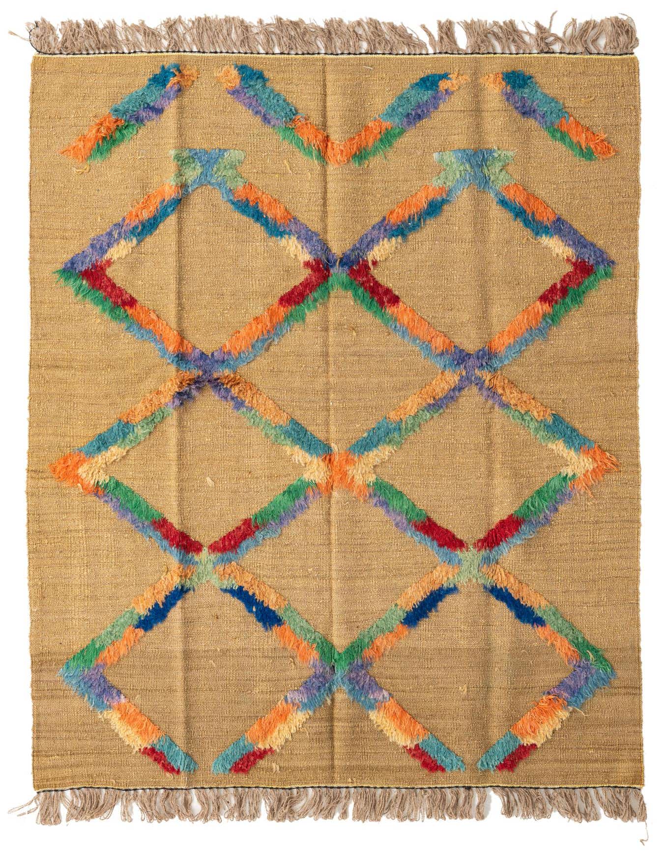 A 5x8 rectangular Darya rug with a tan background and a colorful abstract diamond pattern made of high-pile wool.