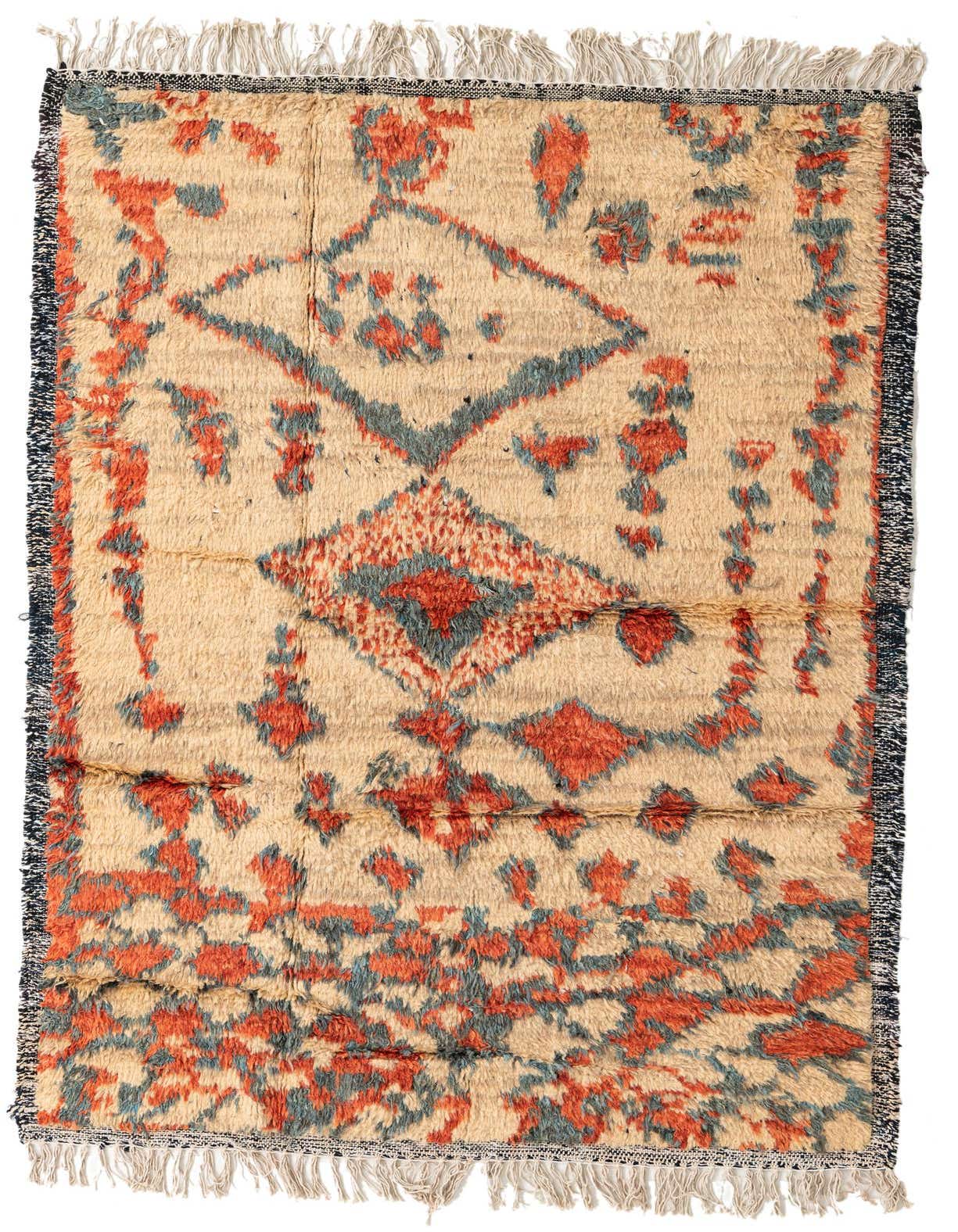 A 5x8 rectangular wool rug with a high pile, featuring an abstract pattern in shades of brown, tan, and ivory, with hints of blue and orange, perfect for a modern living room.