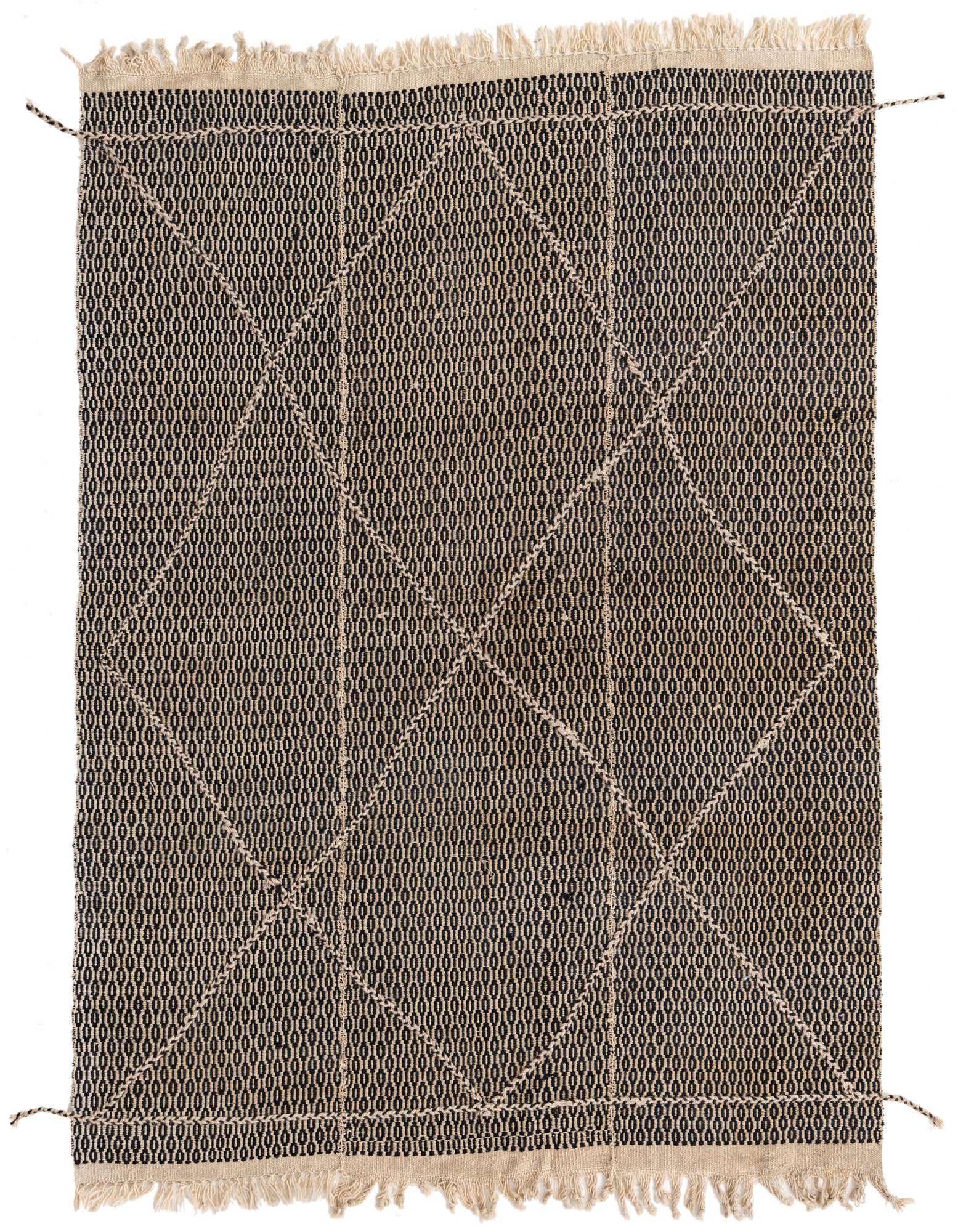 A 5x8 rectangular Darya rug with a modern oriental pattern in brown and cream, featuring a textured wool pile and fringed edges.