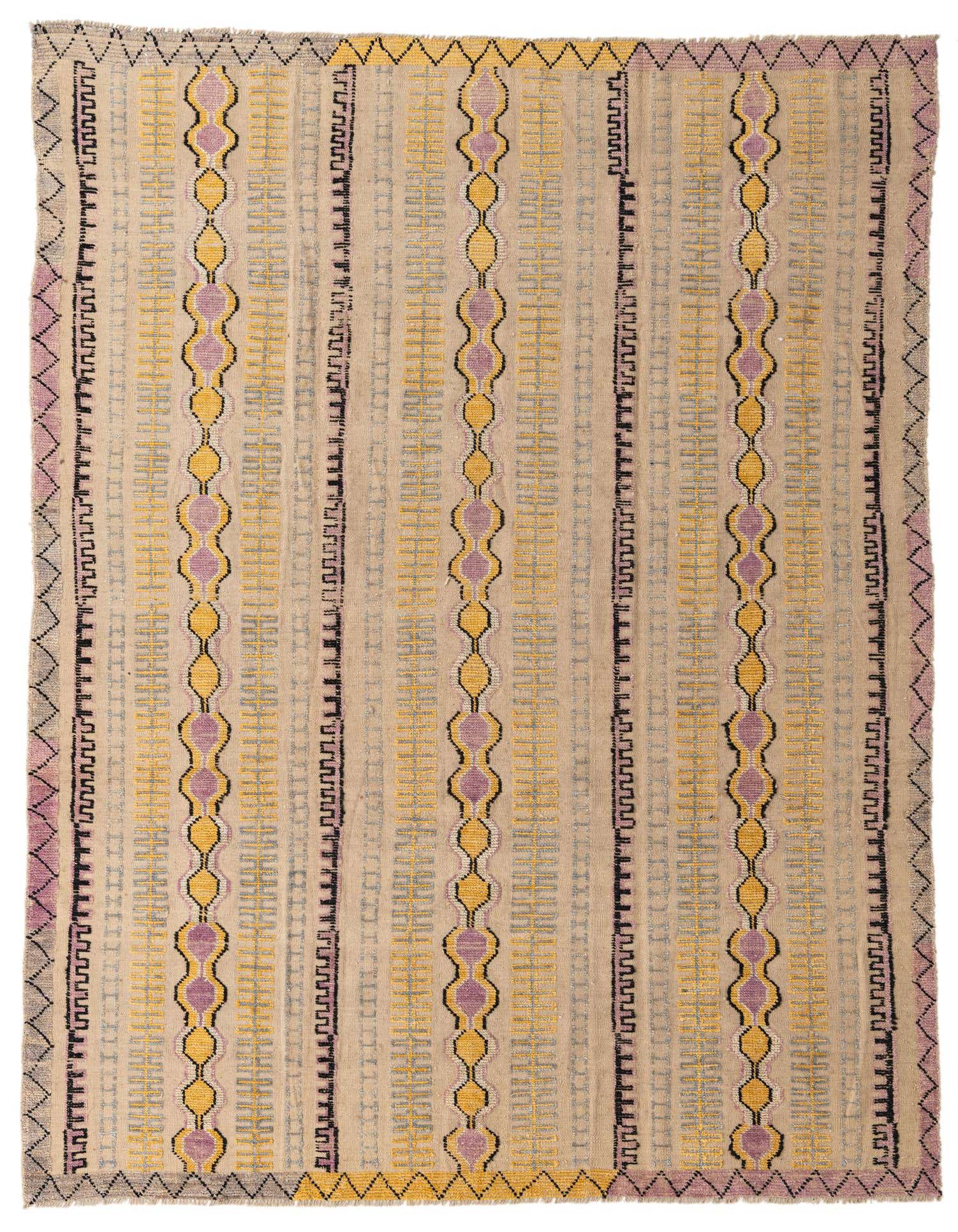A rectangular 8x10 Darya rug with a modern abstract pattern in brown, ivory, yellow, and purple tones.