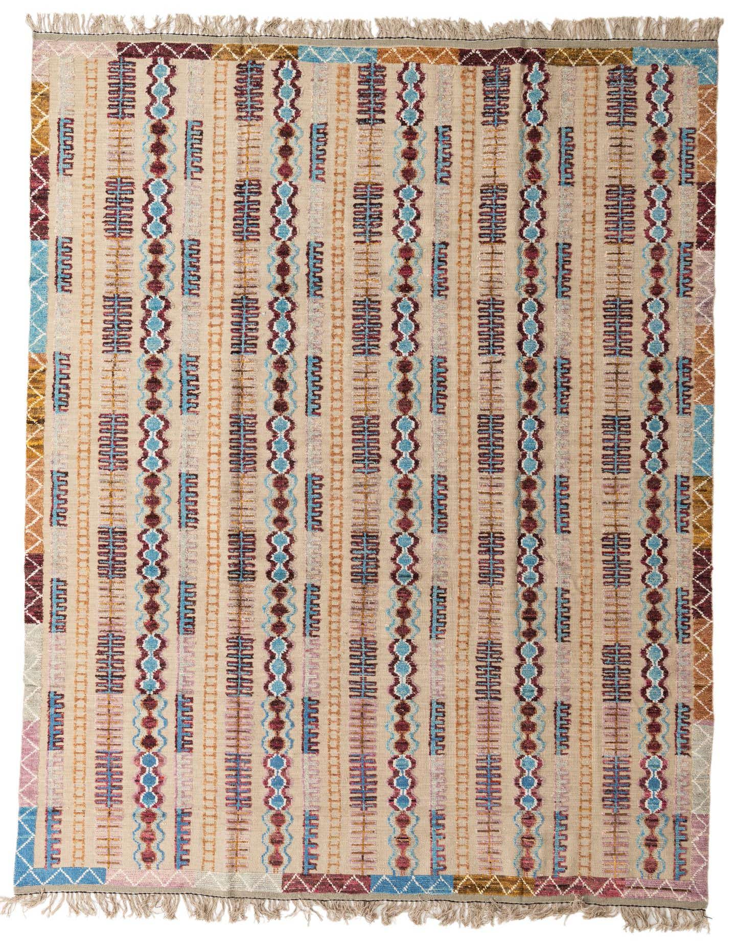 A 9x12 rectangular Darya rug with a high pile, featuring an abstract pattern in browns, tans, creams, and accents of blue and maroon, suitable for a living room.