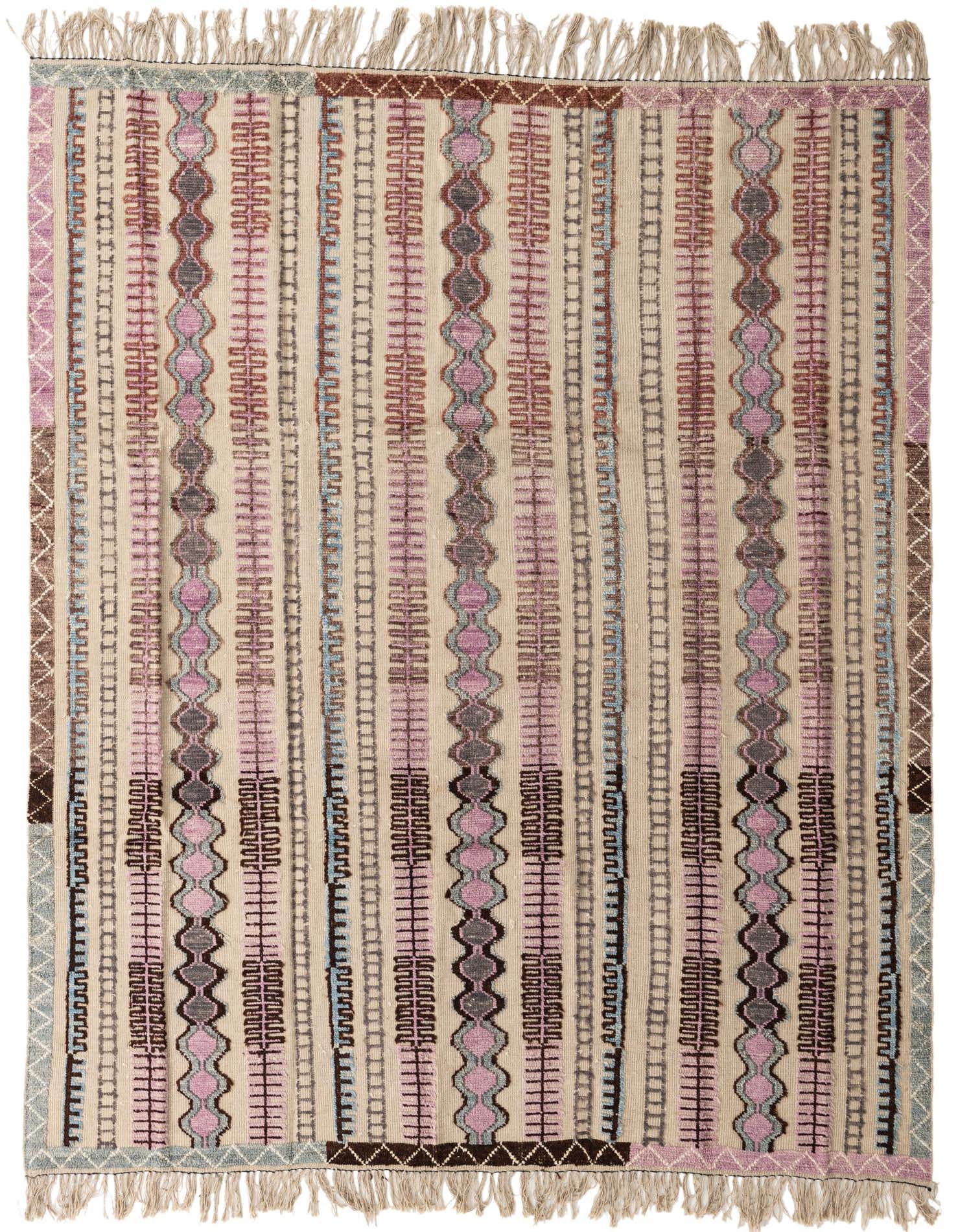 A rectangular 8x11 Darya rug with a modern abstract pattern in brown, tan, ivory, and cream, featuring vertical stripes and geometric shapes, with visible fringes.