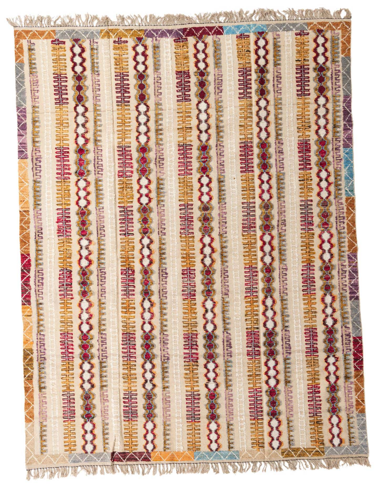 A 9x12 rectangular Darya rug with a modern pattern of vertical stripes in browns, tans, and creams, accented with colorful geometric details and fringe.
