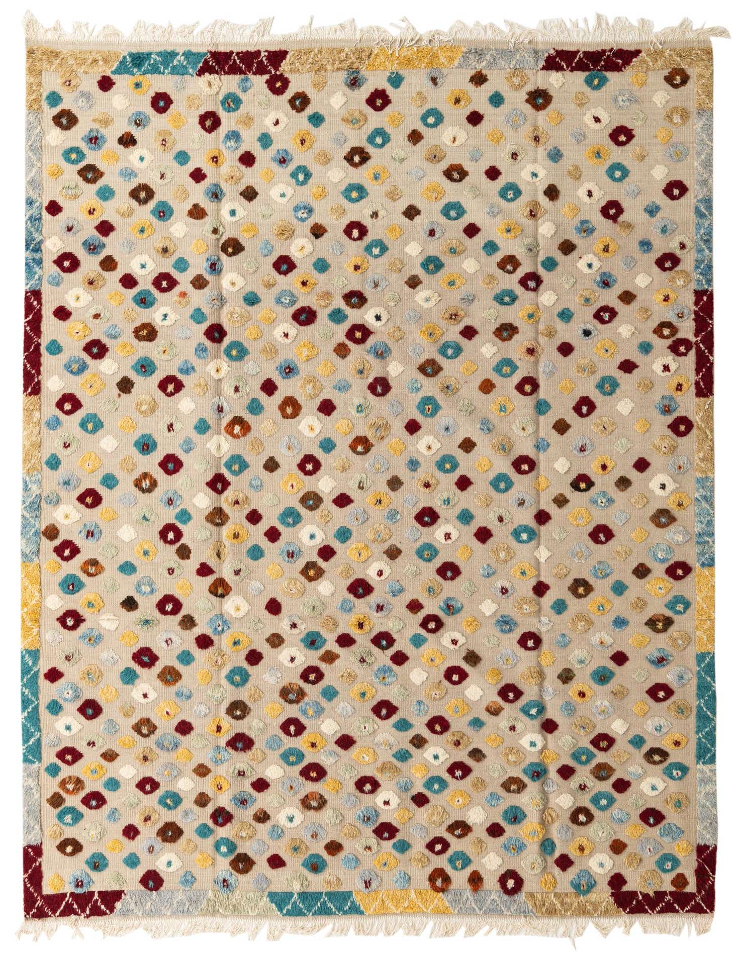 A rectangular 8x10 Darya wool rug featuring a modern abstract pattern of colorful diamond shapes in brown, ivory, blue, and red on a light tan background.