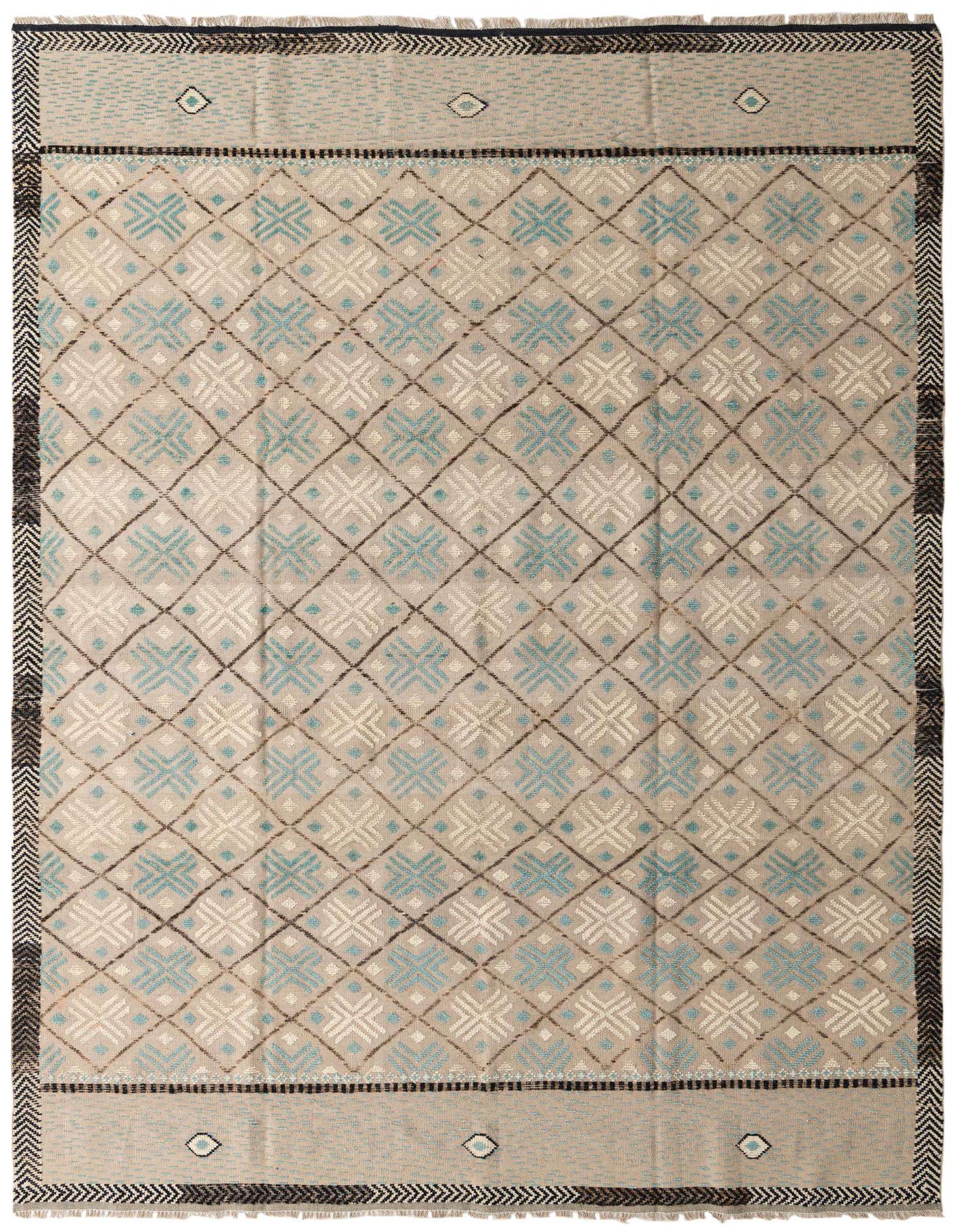 A 9x12 rectangular Darya rug with a modern geometric pattern in brown, tan, ivory, and light blue, suitable for a living room.