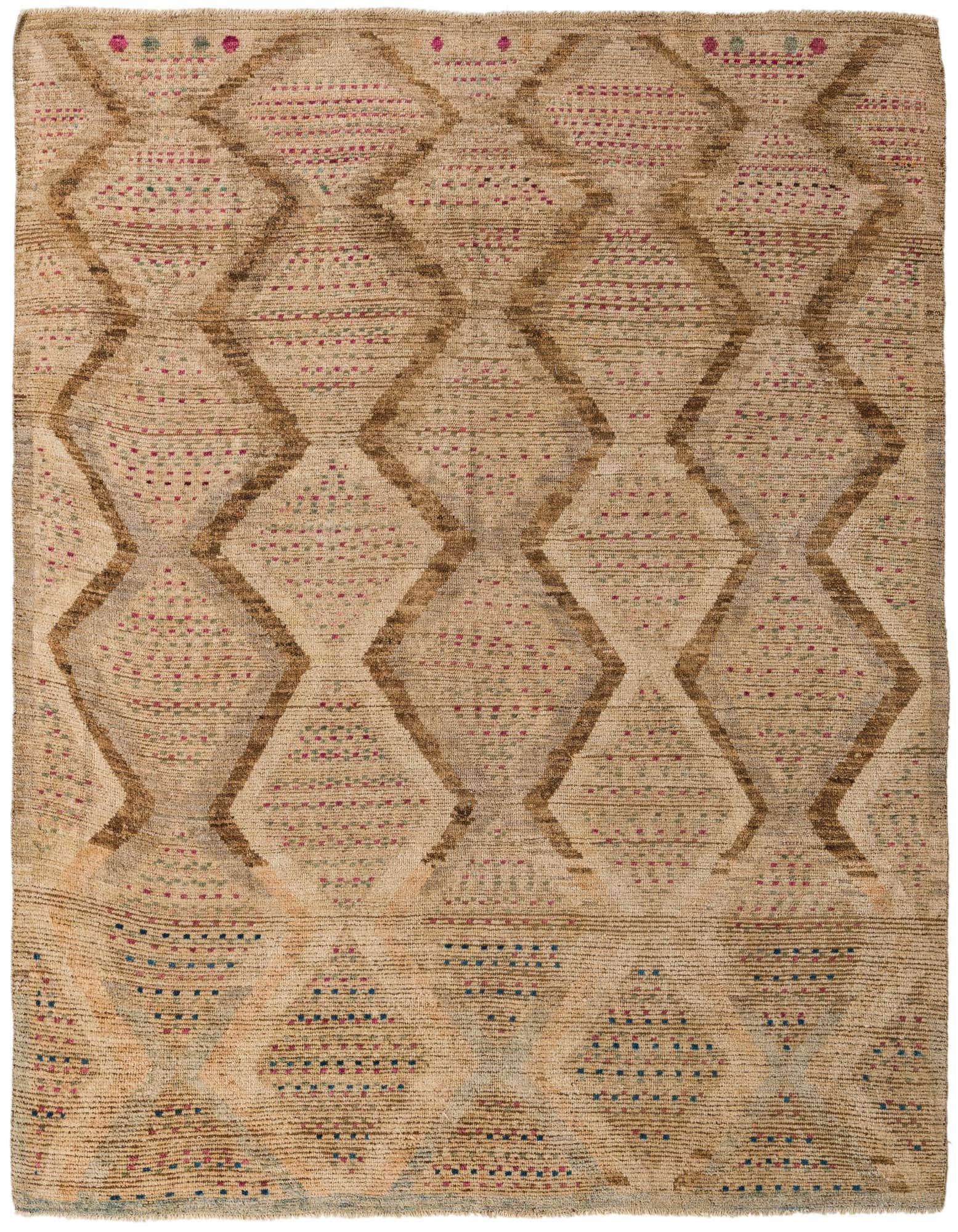 A rectangular 8x10 Darya rug in shades of brown and tan, featuring a modern abstract diamond pattern with subtle colorful accents.