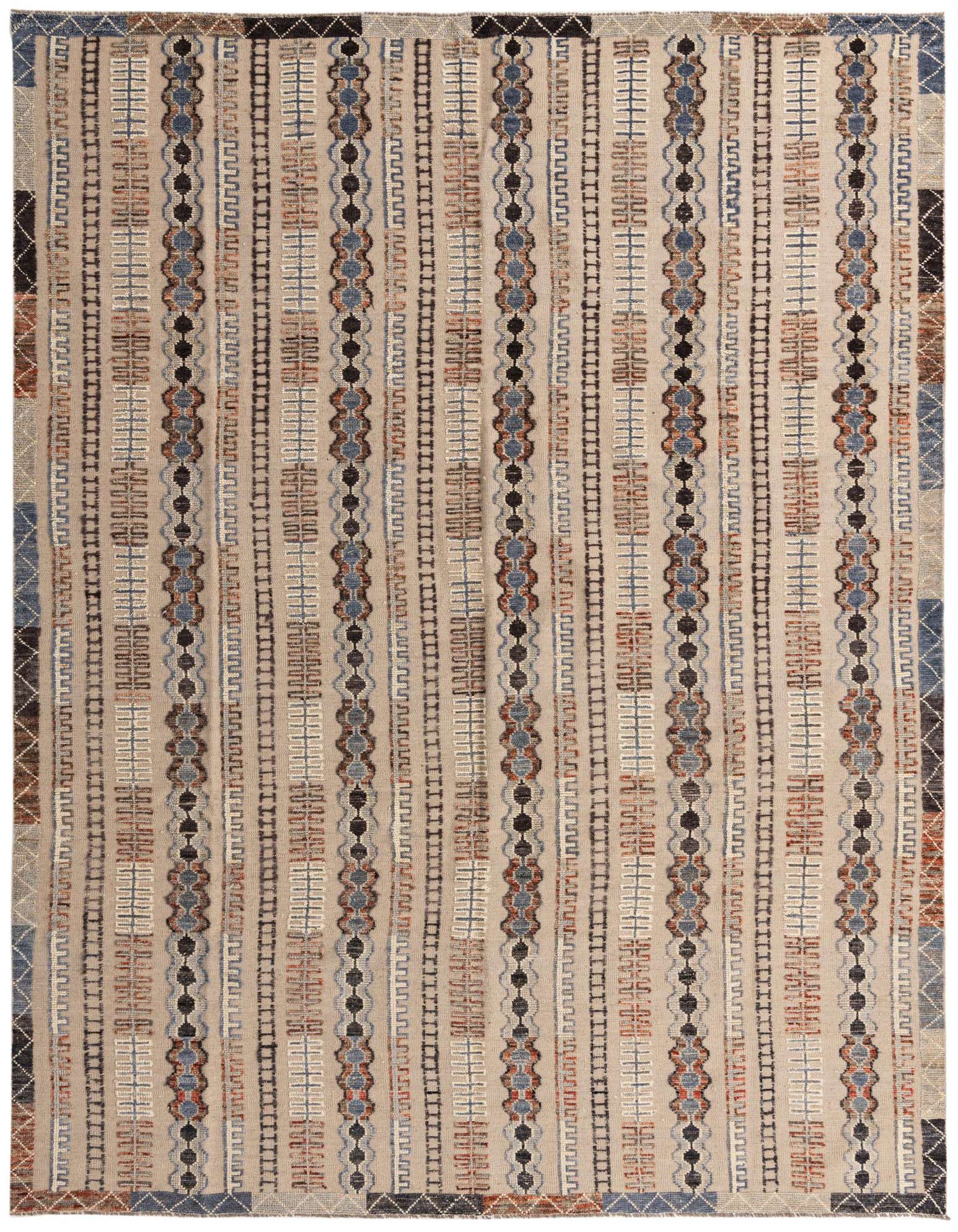 A 9x12 rectangular Darya wool rug featuring vertical stripes of abstract patterns in brown, tan, ivory, and cream.