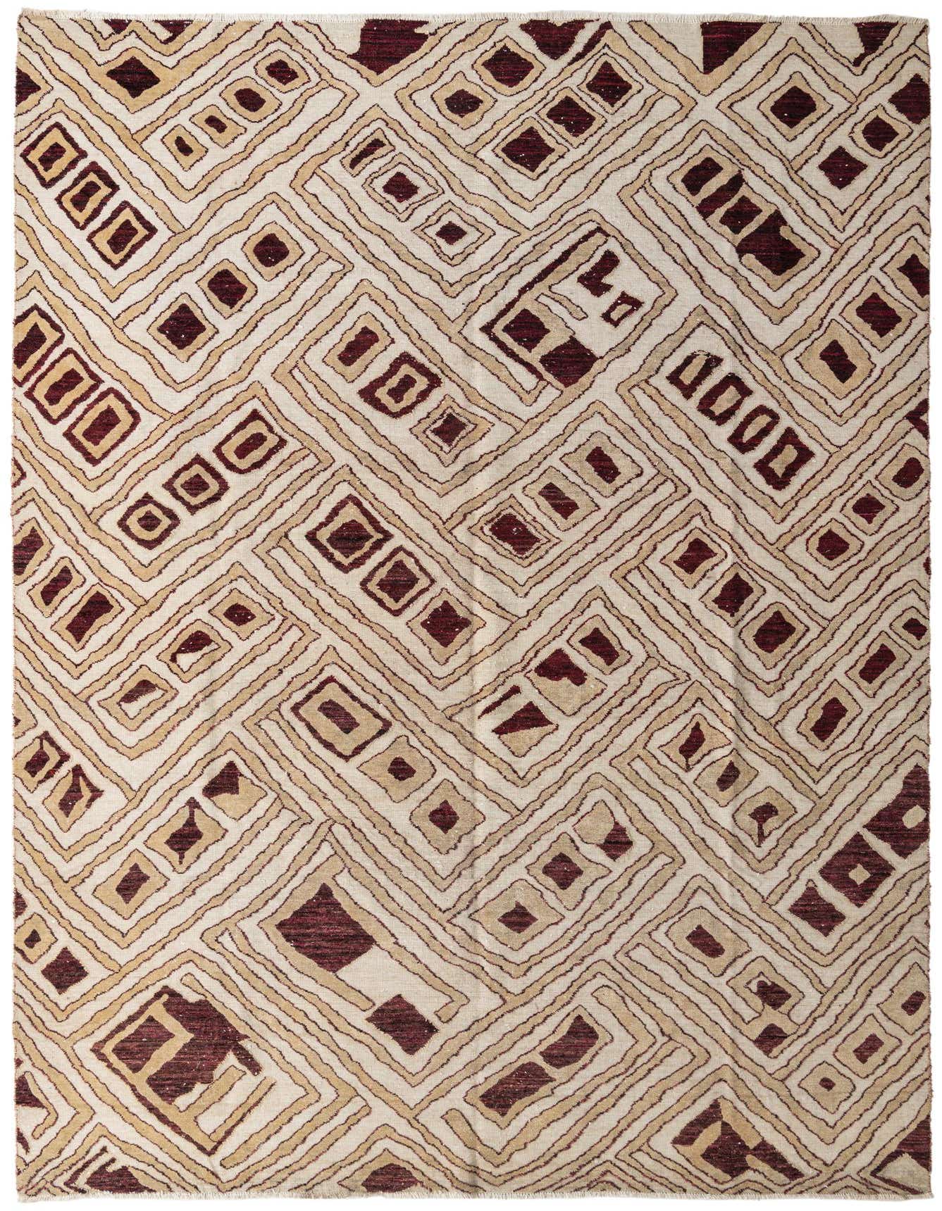 A 10x14 rectangular Darya rug featuring an abstract pattern of interlocking brown, tan, and ivory geometric shapes.