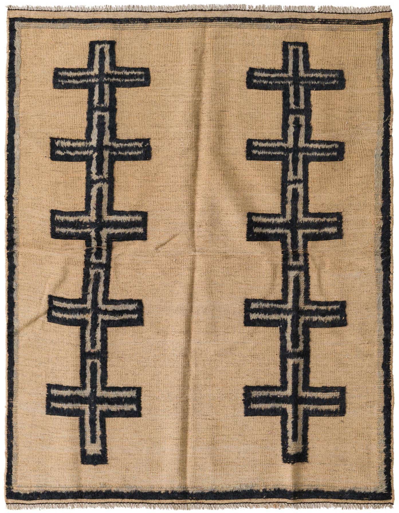 A 5x8 rectangular Darya rug with a tan background and two columns of large black abstract cross-like patterns.