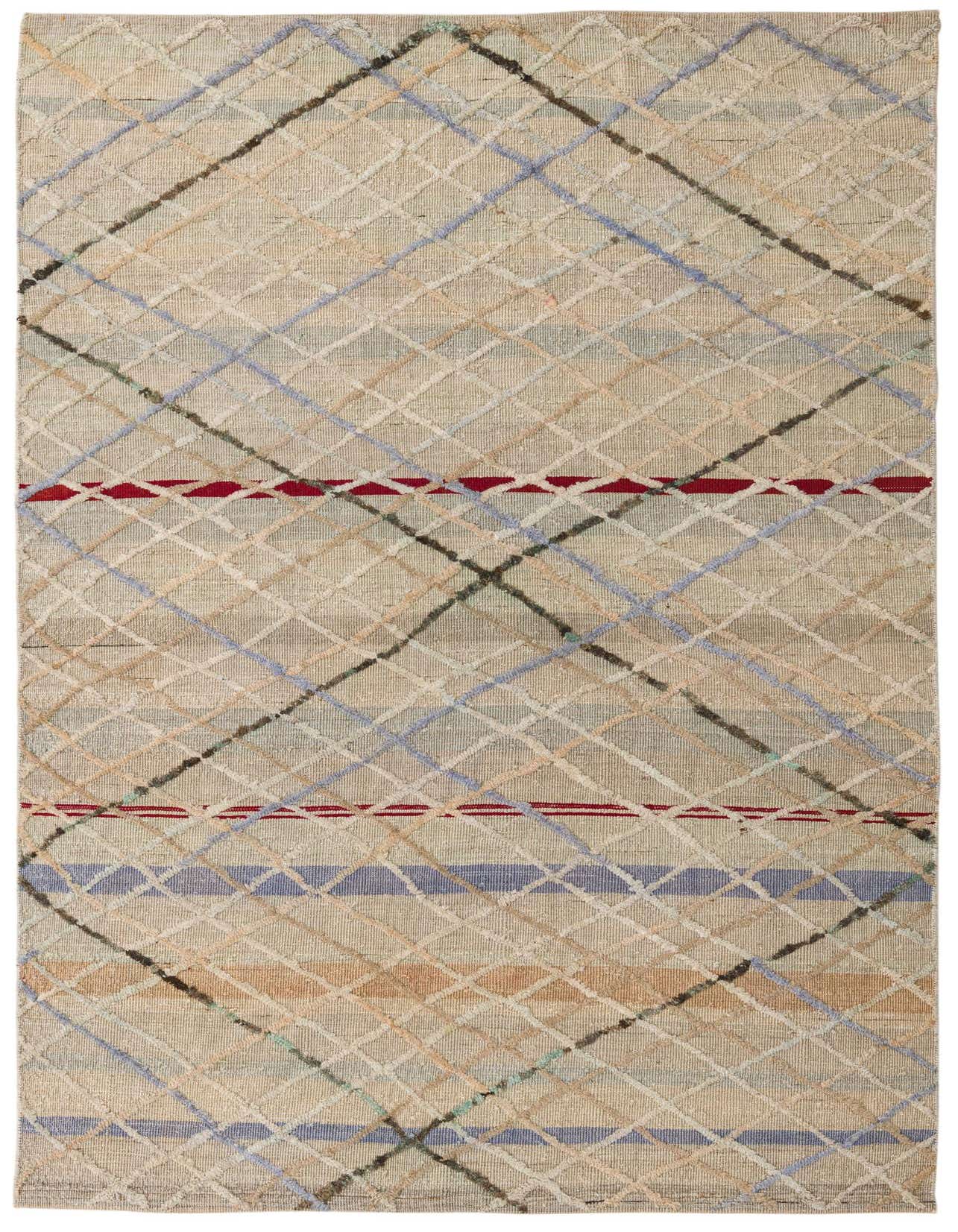 A 5x8 rectangular Darya rug with a modern abstract pattern in browns, tans, and creams, featuring a high pile.
