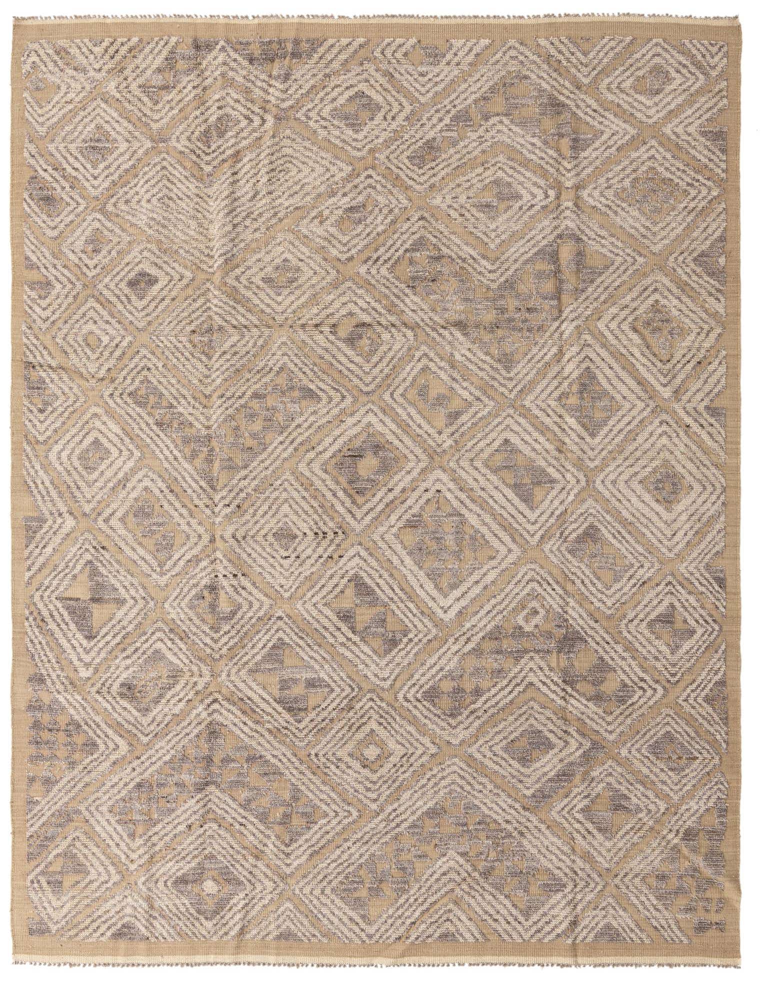 A rectangular 8x10 Darya wool rug featuring a modern abstract diamond pattern in brown, tan, and ivory.