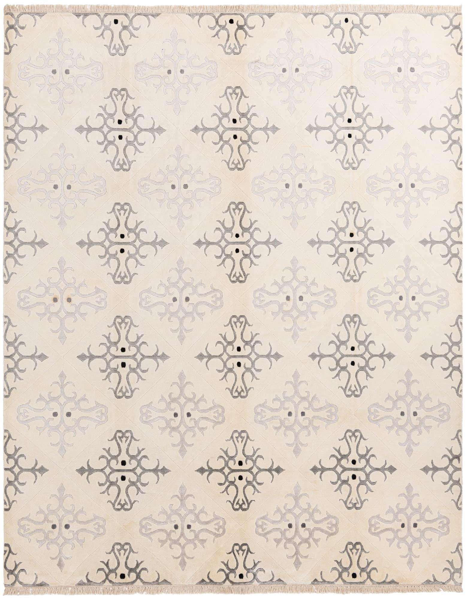 A rectangular 8x10 Darya rug with a cream background and a repeating modern oriental pattern in varying shades of brown and tan, featuring a high pile and handmade fringe.