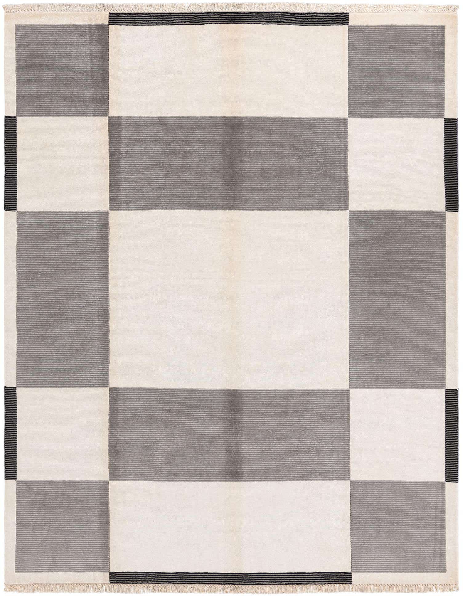 A rectangular 8x10 Darya wool rug featuring a modern geometric pattern of cream and horizontal striped brown blocks.