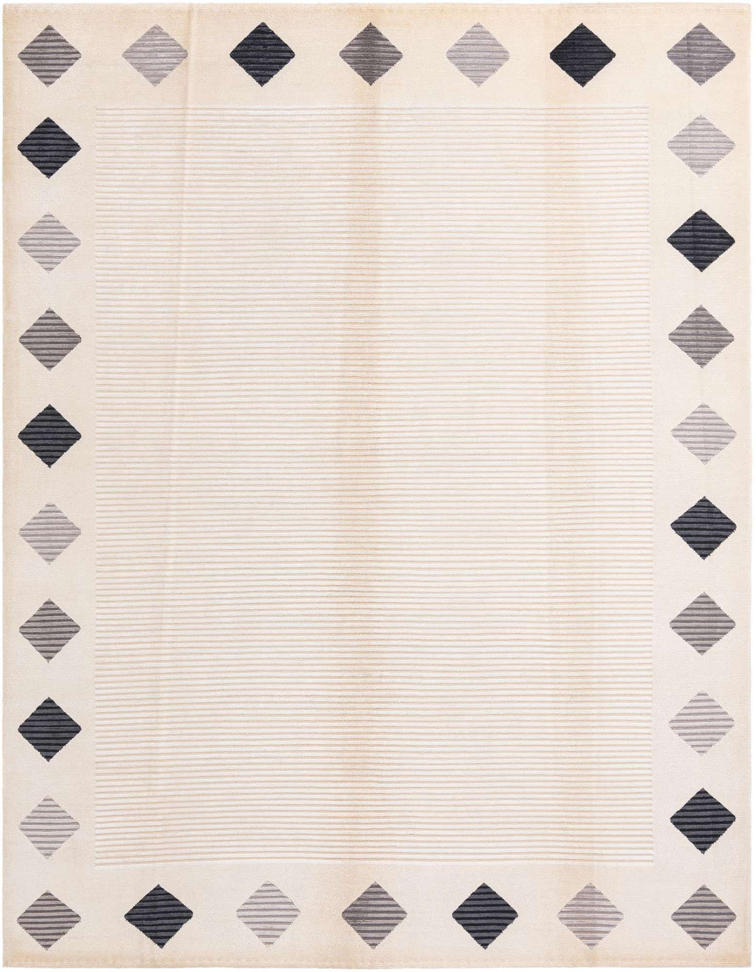 A rectangular 8x10 Darya wool rug featuring a cream field with subtle horizontal stripes and a border of alternating dark gray and light gray diamond patterns.