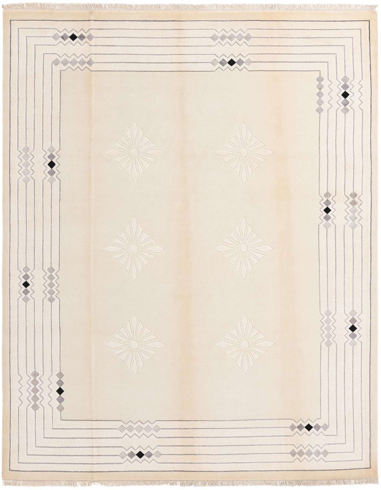 An 8x10 rectangular Darya rug in cream and tan with a modern oriental pattern and fringe.