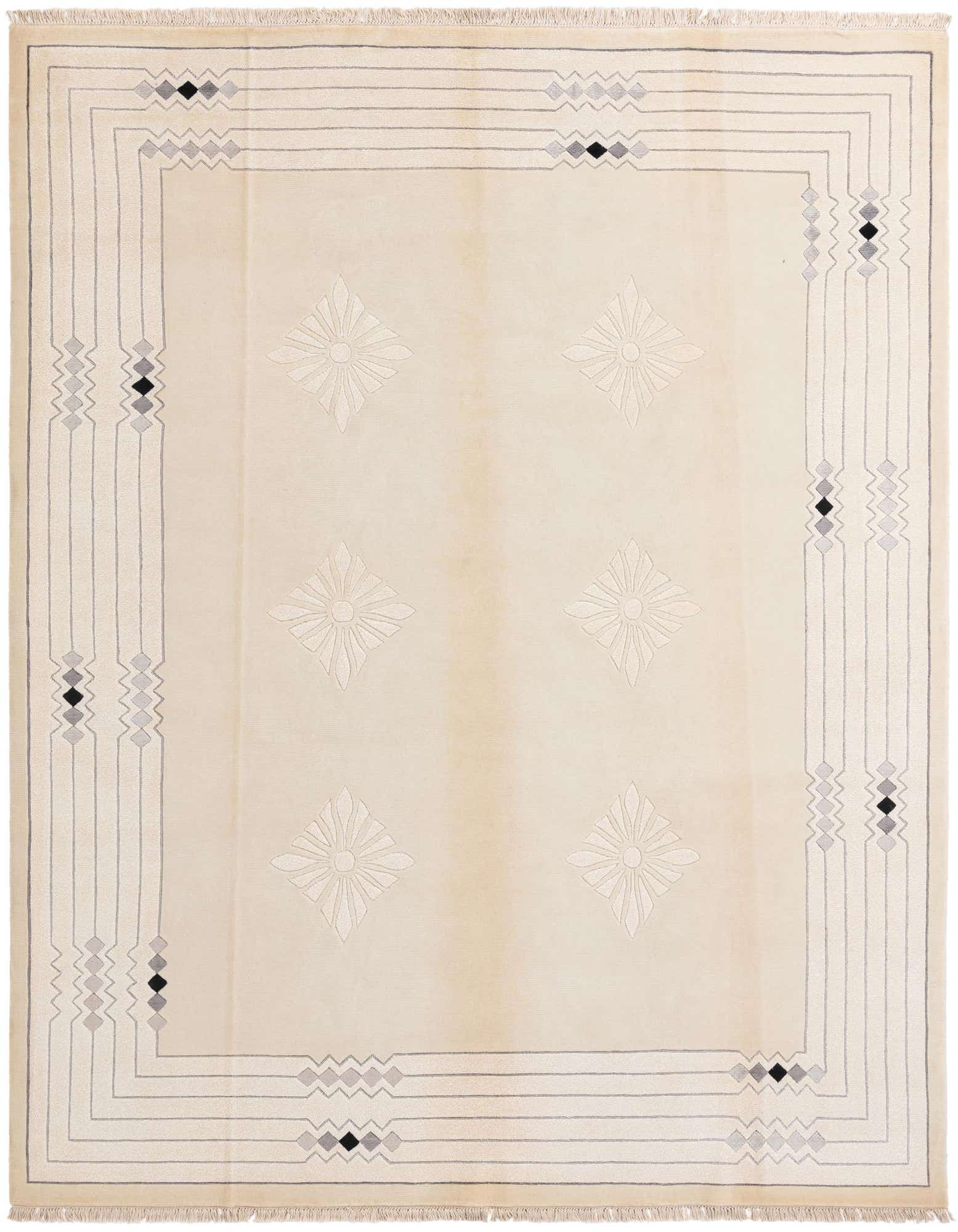 An 8x10 rectangular Darya rug in cream and tan with a modern oriental pattern and subtle geometric border.