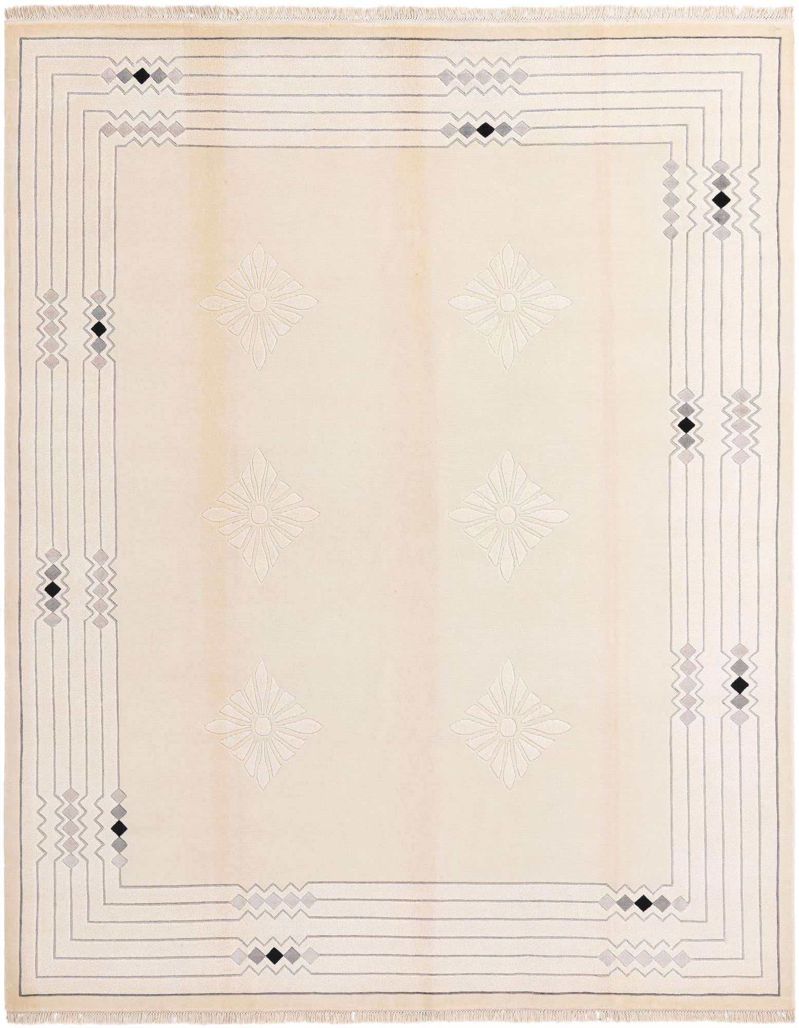 A rectangular 8x10 Darya wool rug in cream with a modern oriental pattern, featuring light brown floral motifs and a border with gray lines and geometric diamond shapes.