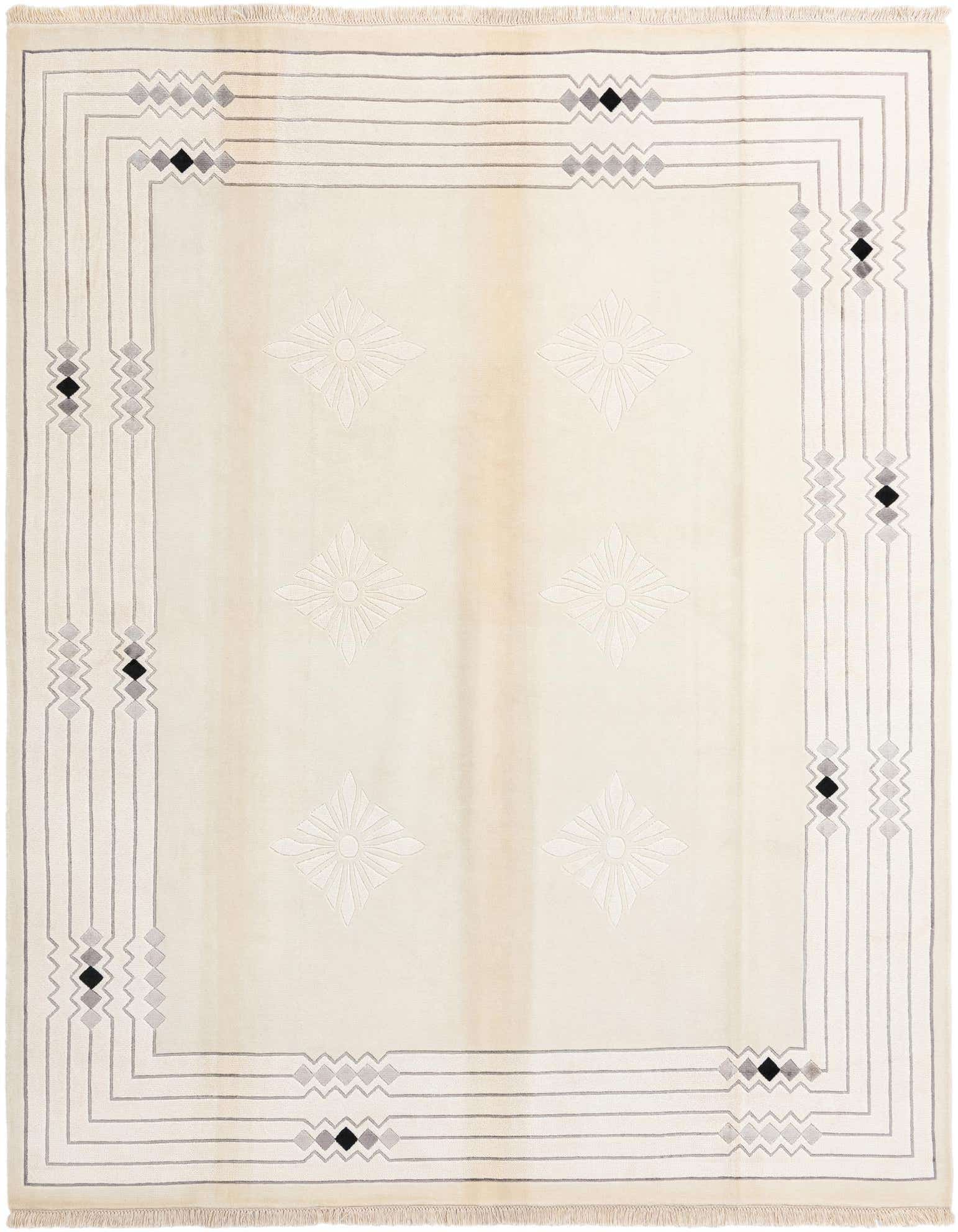 An 8x10 rectangular Darya rug with a cream field, light brown border, and subtle geometric patterns.