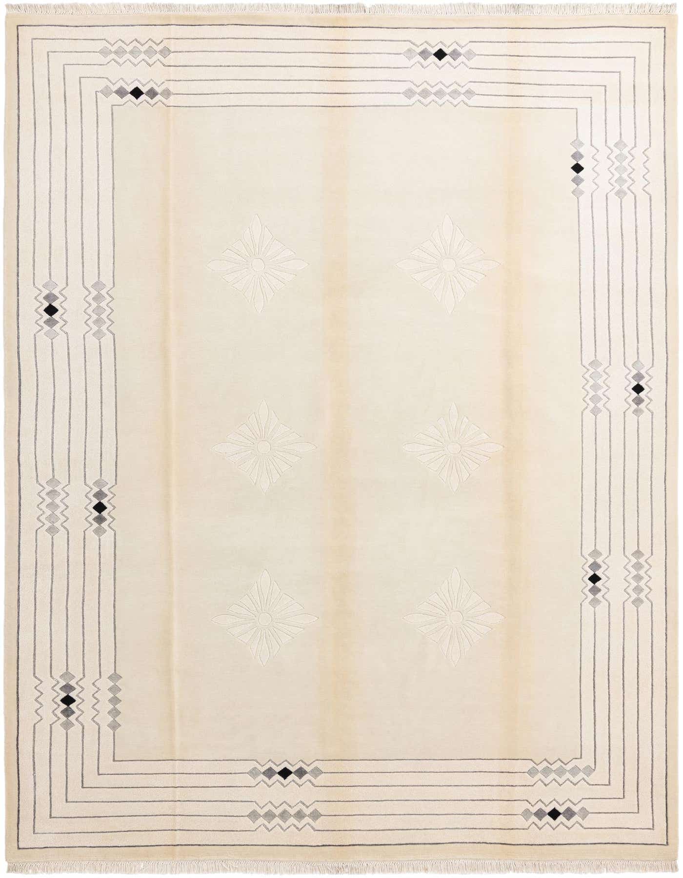 A rectangular 8x11 Darya wool rug in cream and tan with a modern oriental pattern, featuring a grey border and subtle floral motifs.