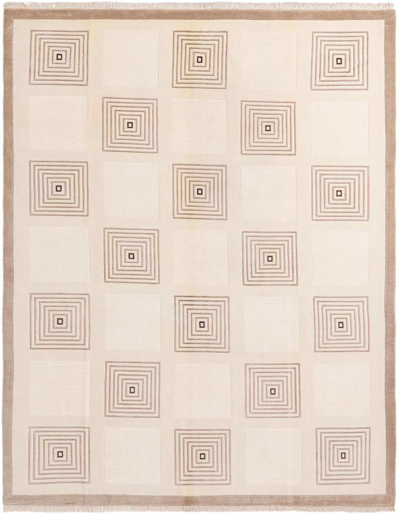An 8x12 rectangular Darya rug with a modern geometric pattern of concentric squares in brown and cream.