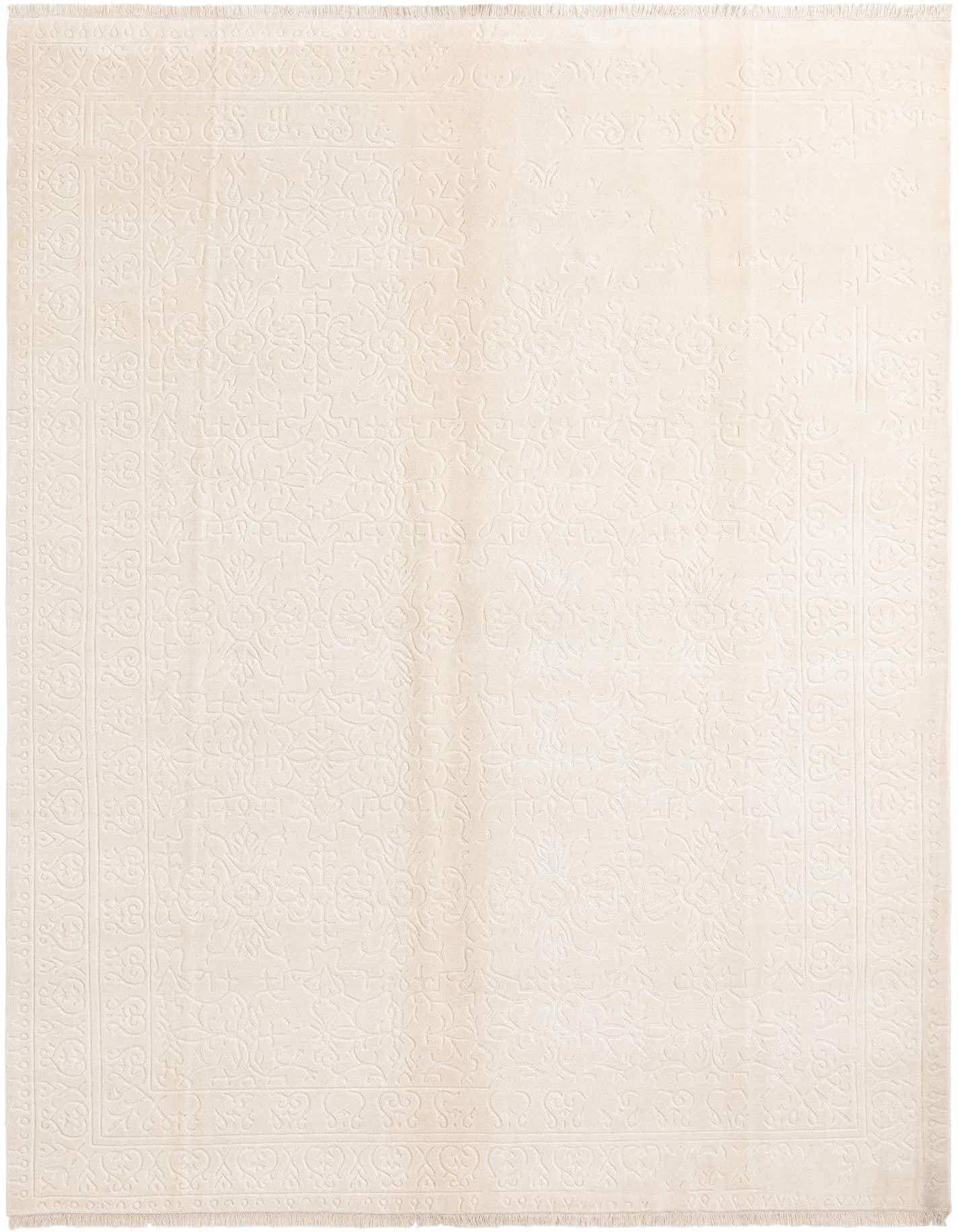 An 8x11 rectangular Darya collection rug in cream with a subtle raised floral and vine pattern, handmade from wool.