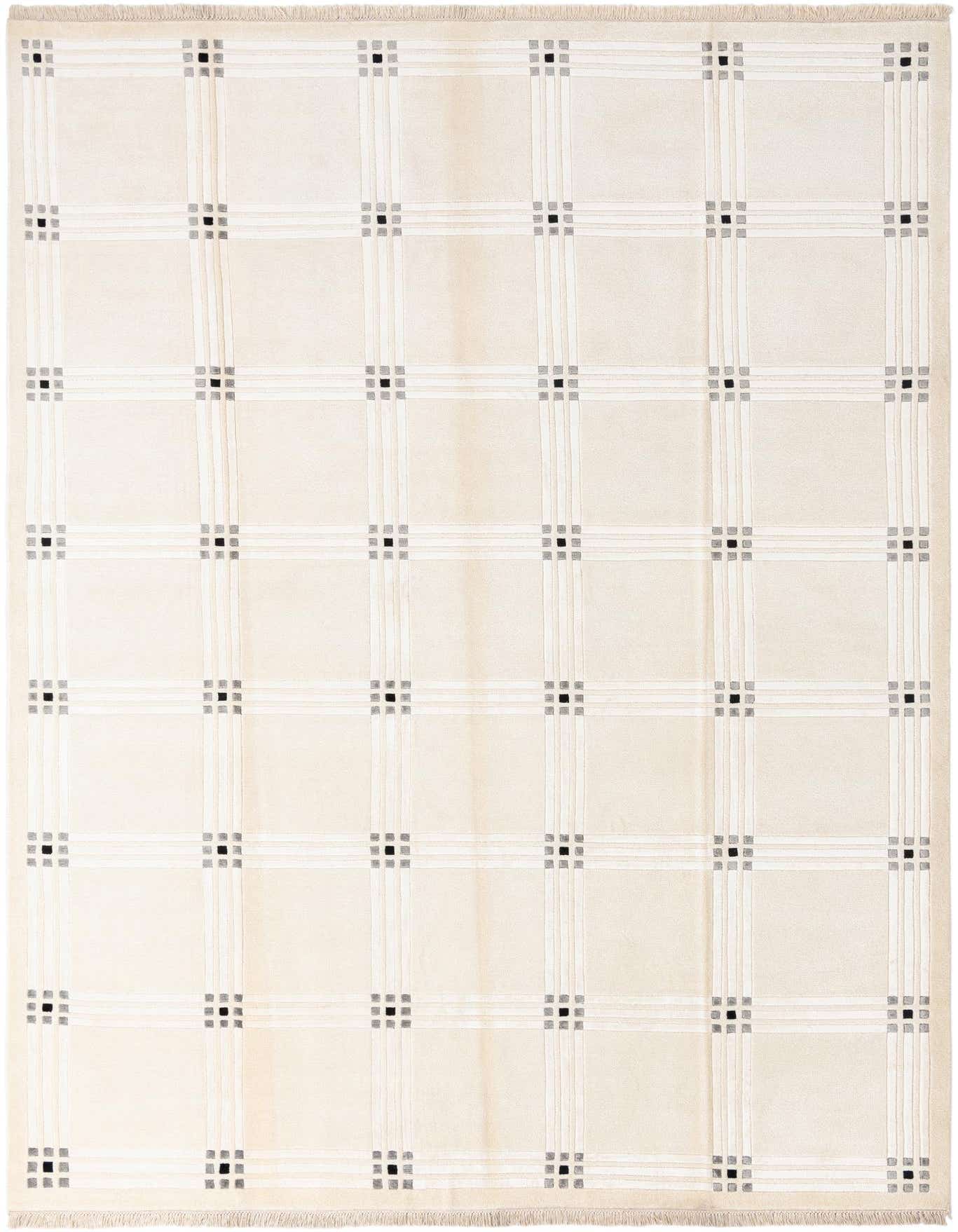 An 8x12 rectangular Darya rug with a modern grid pattern in cream, ivory, and brown tones, handmade from wool.