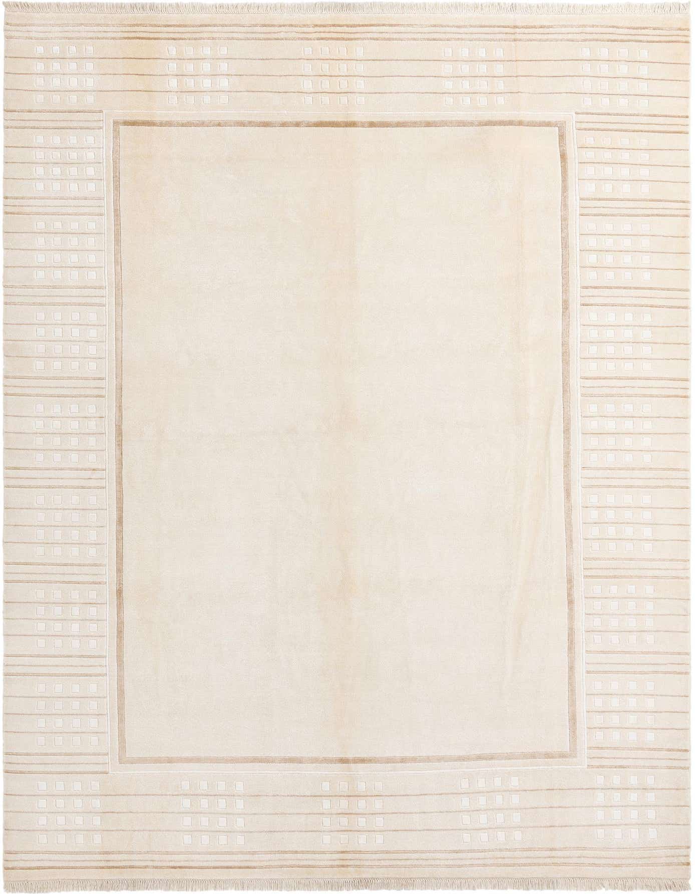 A rectangular 8x12 Darya rug in shades of brown and ivory, featuring a modern border with horizontal lines and small squares.