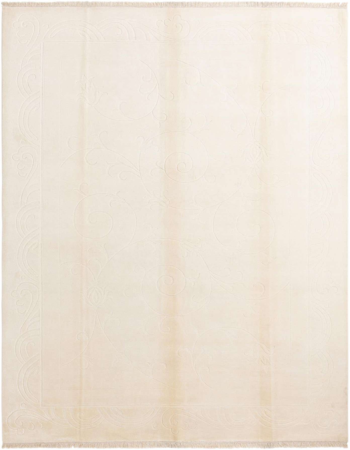 An 8x11 rectangular Darya rug in cream and tan wool, featuring a subtle embossed modern oriental pattern with a decorative border.