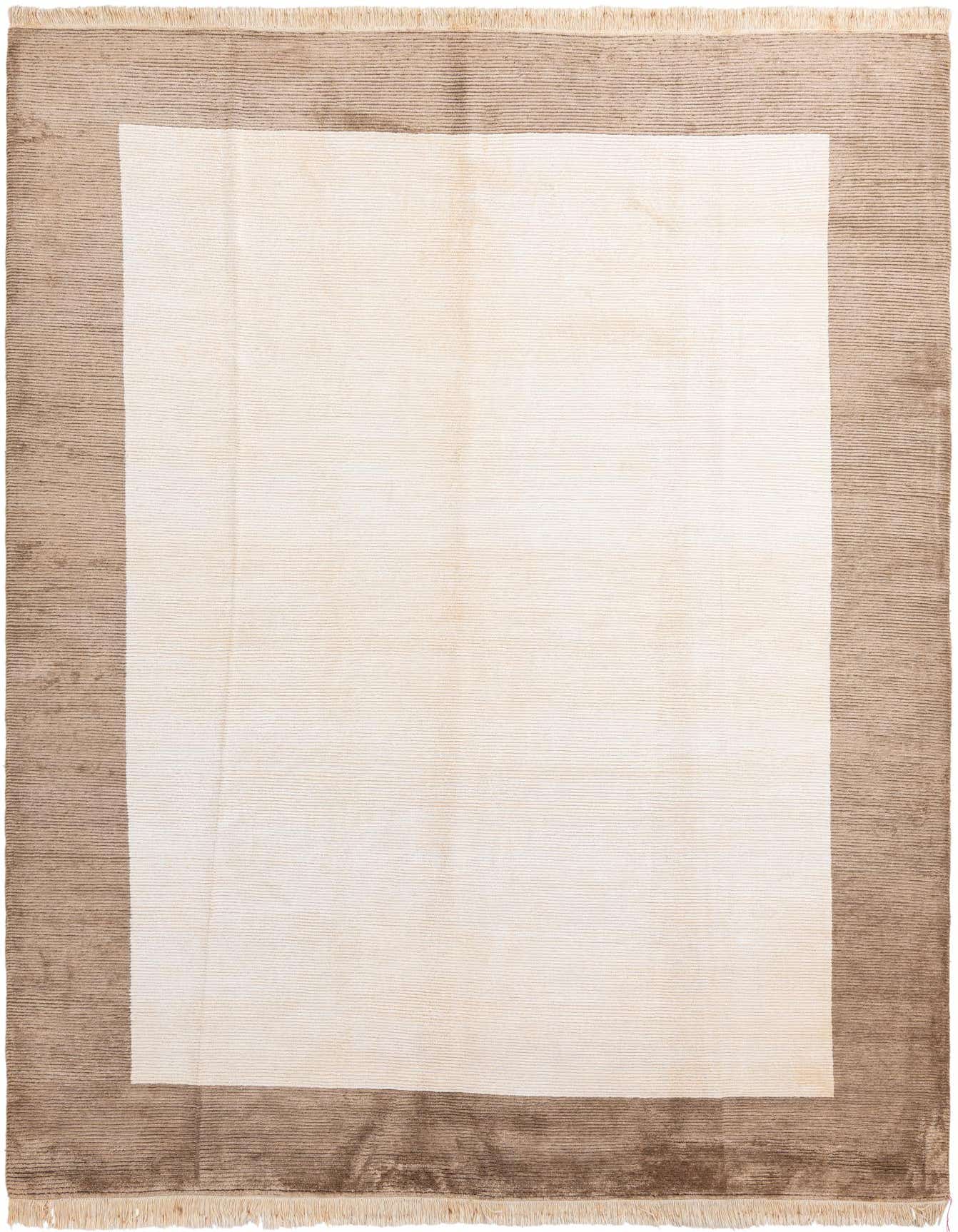 A rectangular 8x12 Darya rug featuring a cream center with a wide brown border and fringe.