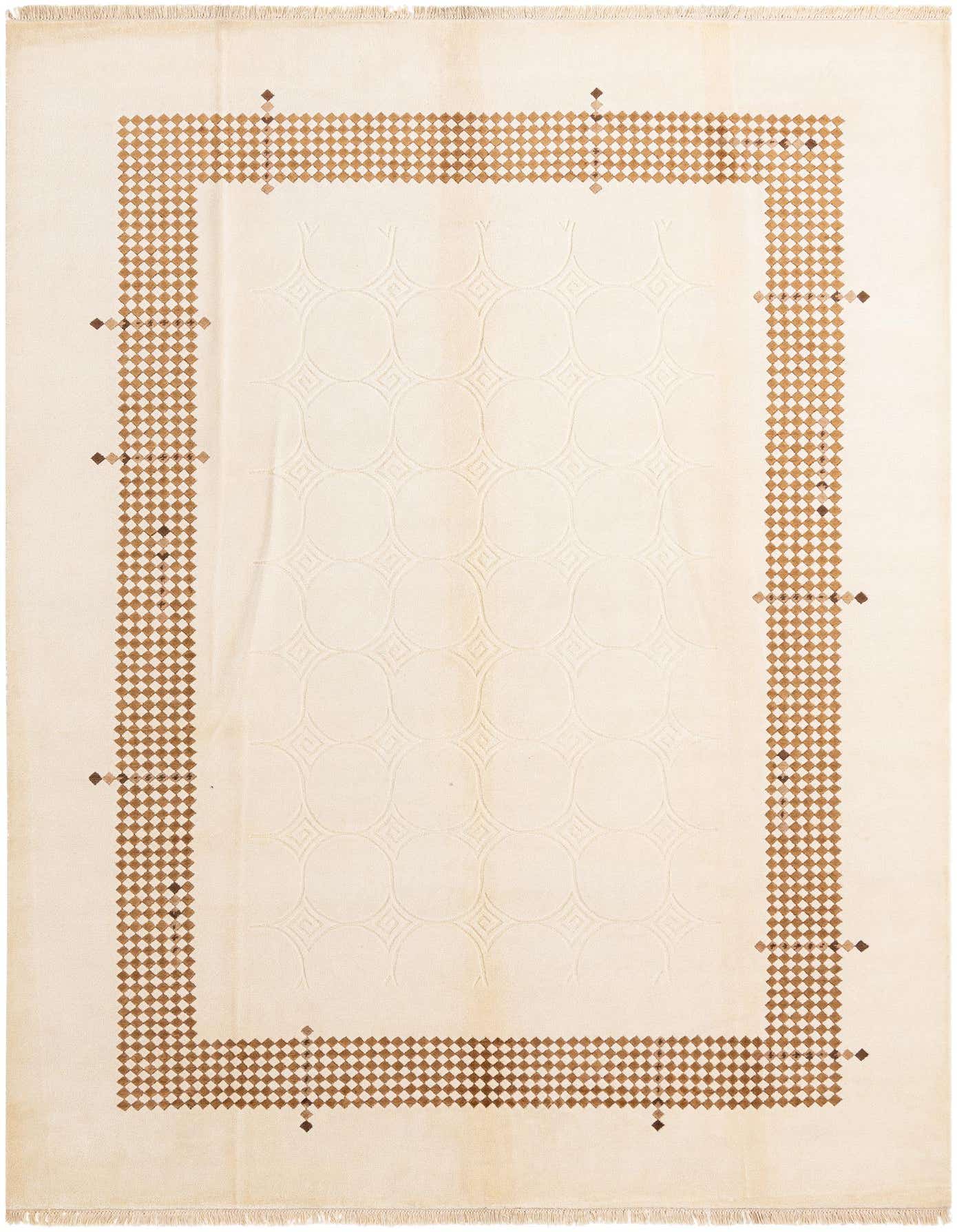 An 8x11 rectangular Darya wool rug in ivory and tan, featuring a modern oriental design with a checkered border and subtle geometric patterns in the center.