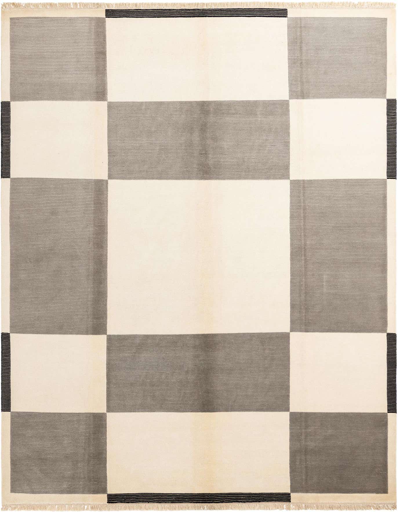 An 8x11 rectangular Darya rug with a modern geometric pattern in cream and horizontal striped brown blocks.