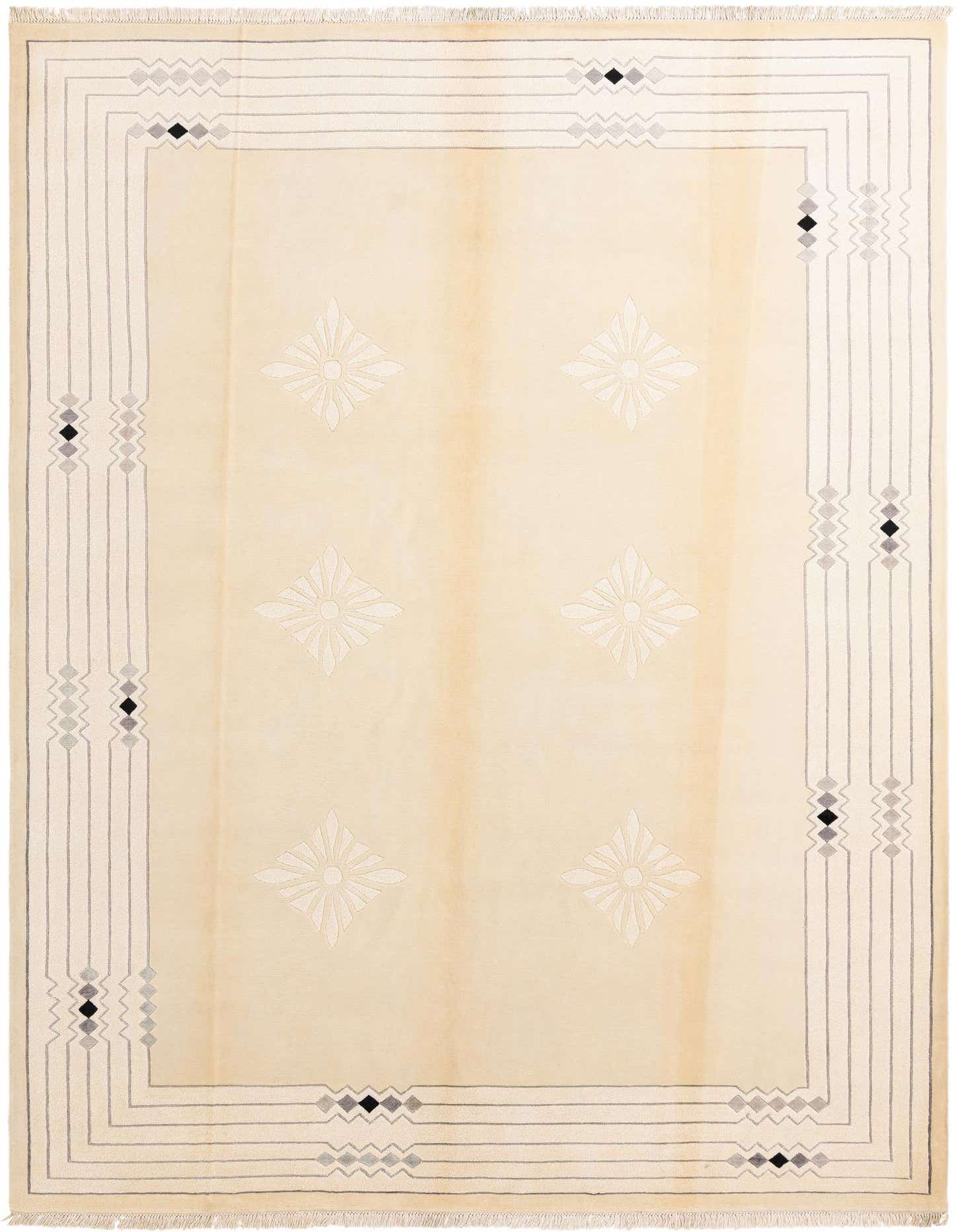 An 8x11 rectangular Darya rug in cream and brown, featuring a modern oriental pattern with geometric lines and floral motifs, suitable for a living room.