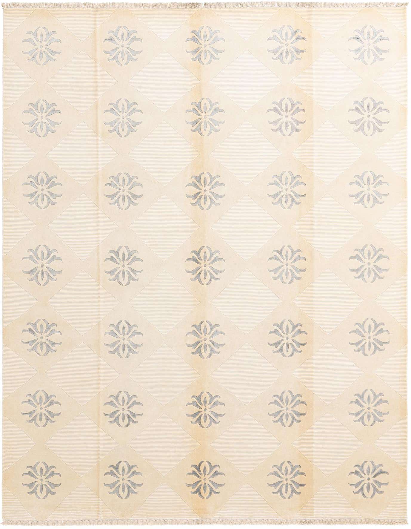 A rectangular 8x11 Darya Collection wool rug in cream and light brown with a repeating floral and geometric pattern.